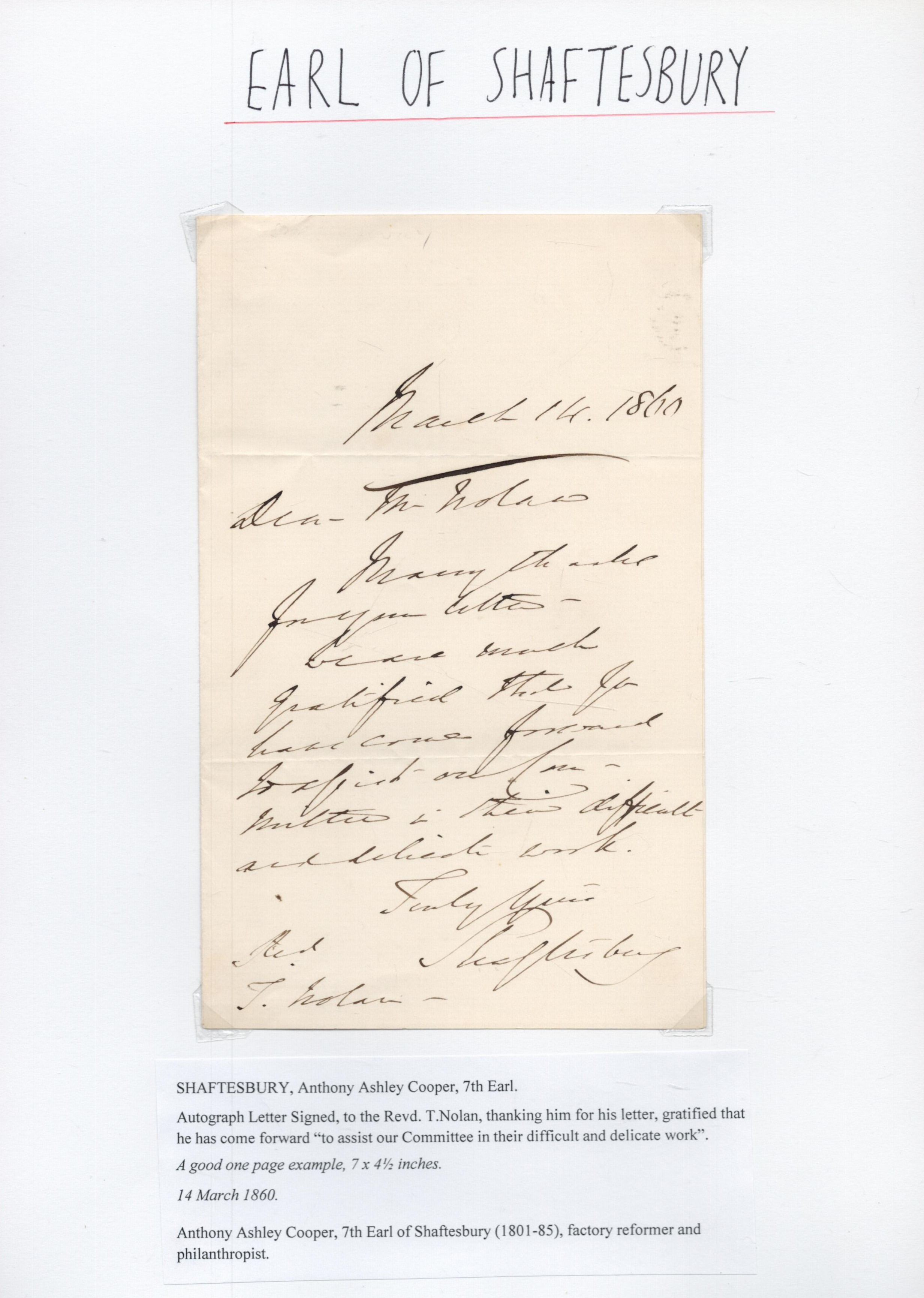 Anthony Ashley Cooper, 1st Earl of Shaftesbury Signed ALS Dated March 14th 1860. Written in black