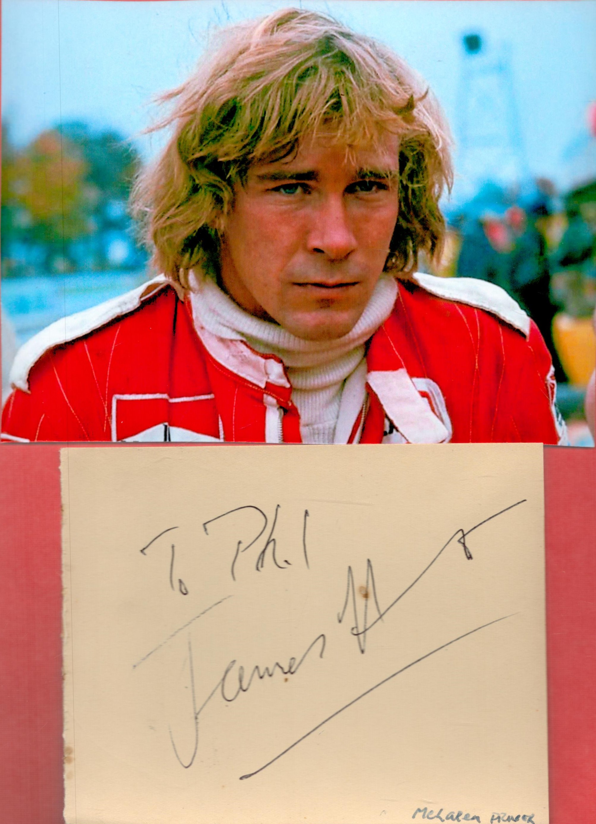 James Hunt signed 5x4 album page 7x5 vintage McLaren colour photo.. All autographs come with a