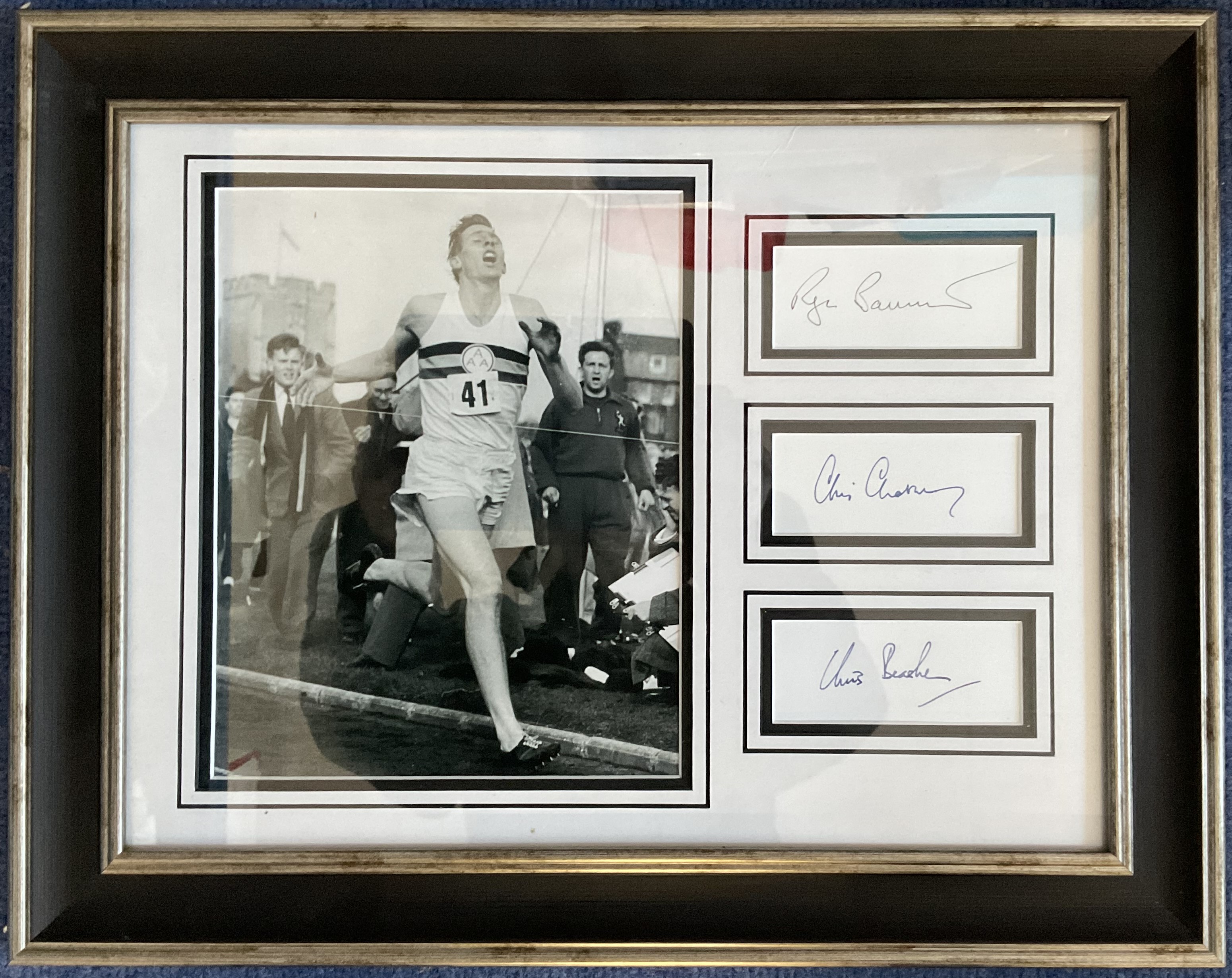 Roger Bannister, Chris Chataway and Chris Brasher Signed Signature Pieces, Mounted Professionally