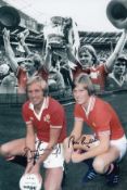 Football autographed Brian and Jimmy Greenhoff 12 X 8 Photo Colorized, Depicting A Montage Of Images