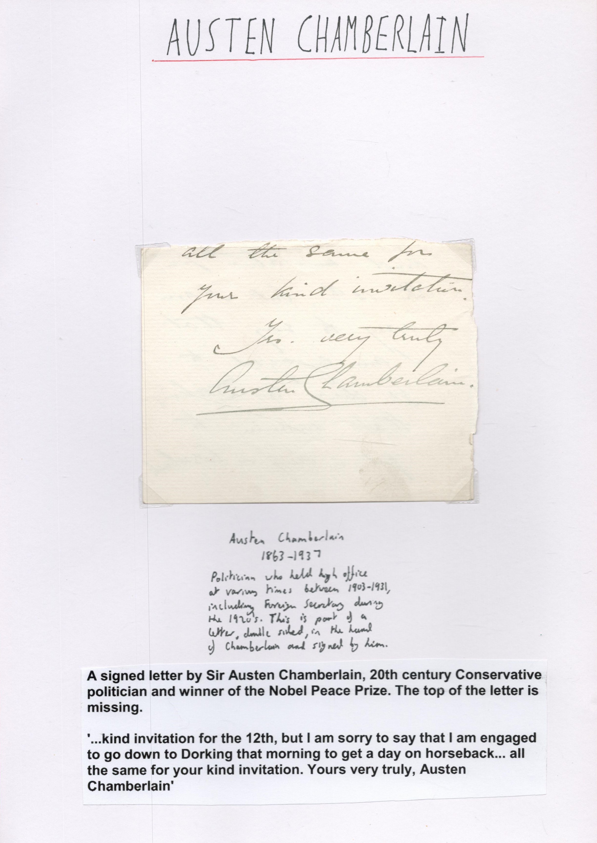 Sir Joseph Austen Chamberlain KG Signed Cutting of a Letter. Signed in dark ink. Good Condition. All