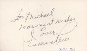 Vincent Price Signed 5 x 3 inch White Autograph Card. Signed in black ink. Good condition. All