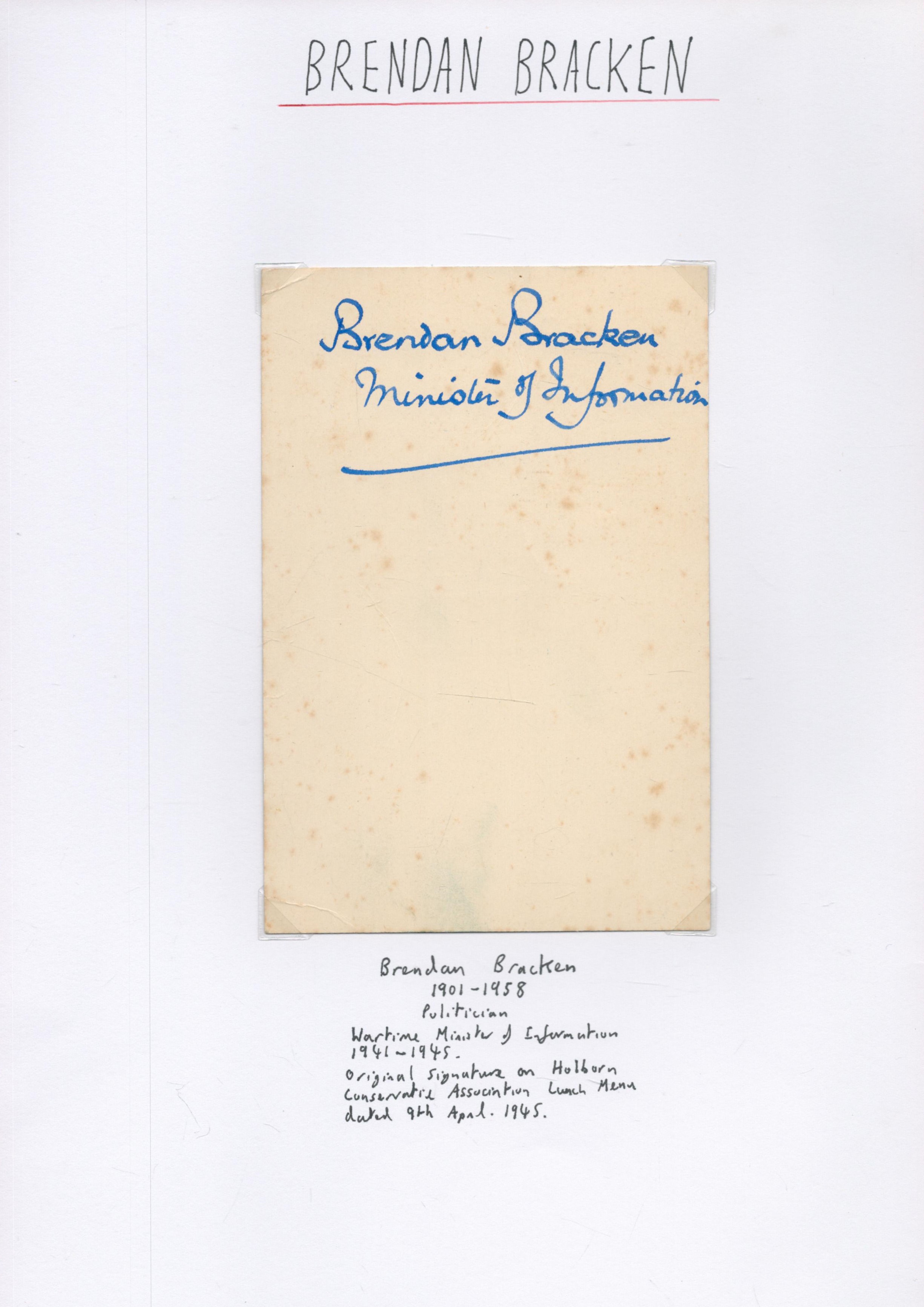 Brendan Rendall Bracken, 1st Viscount Bracken Signed Signature Page. Signed in blue ink. Good