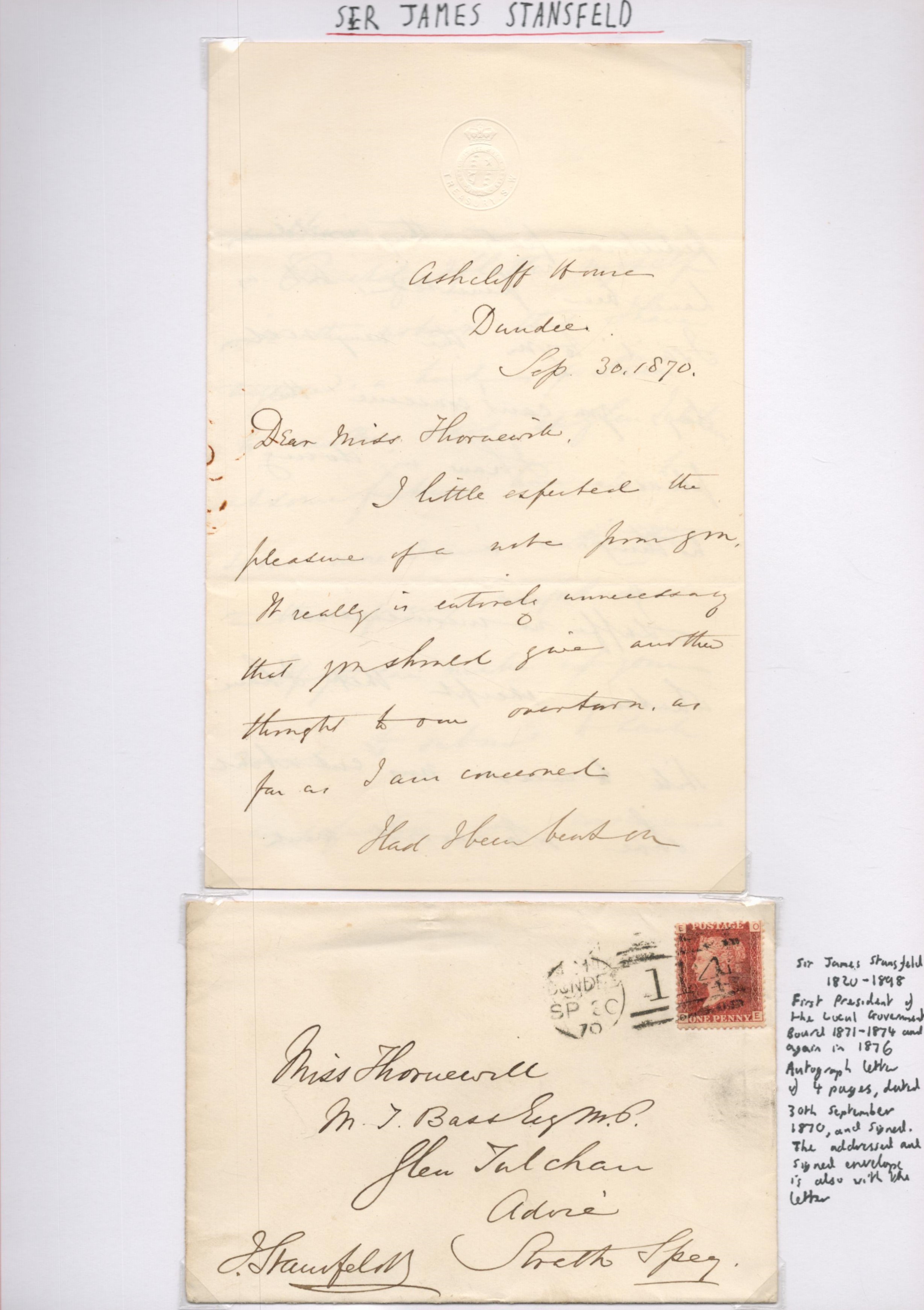 Sir James Stansfeld Signed ALS and Mailing Envelope. ALS Dated Sept 30th 1870. Good Condition. All