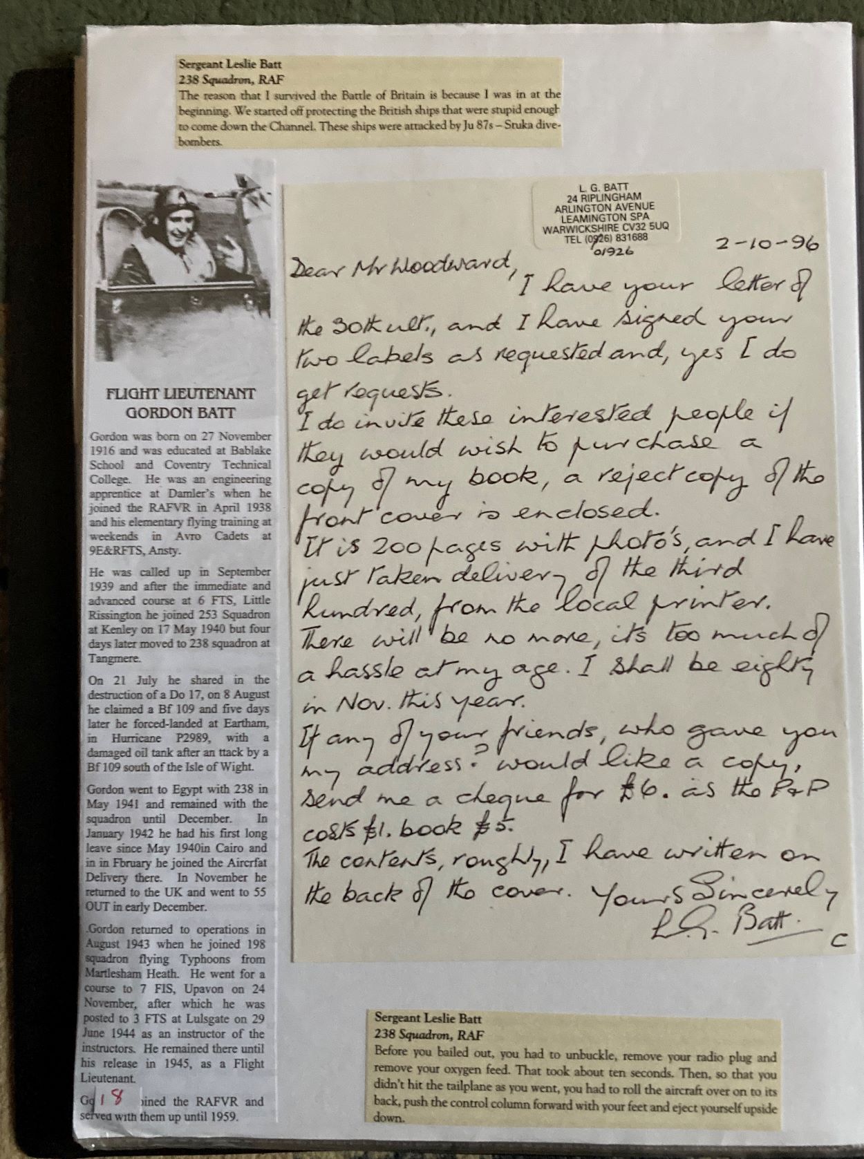 WW2 BOB fighter pilot Leslie Batt 238 Sqn hand written letter about his book fixed with biography to