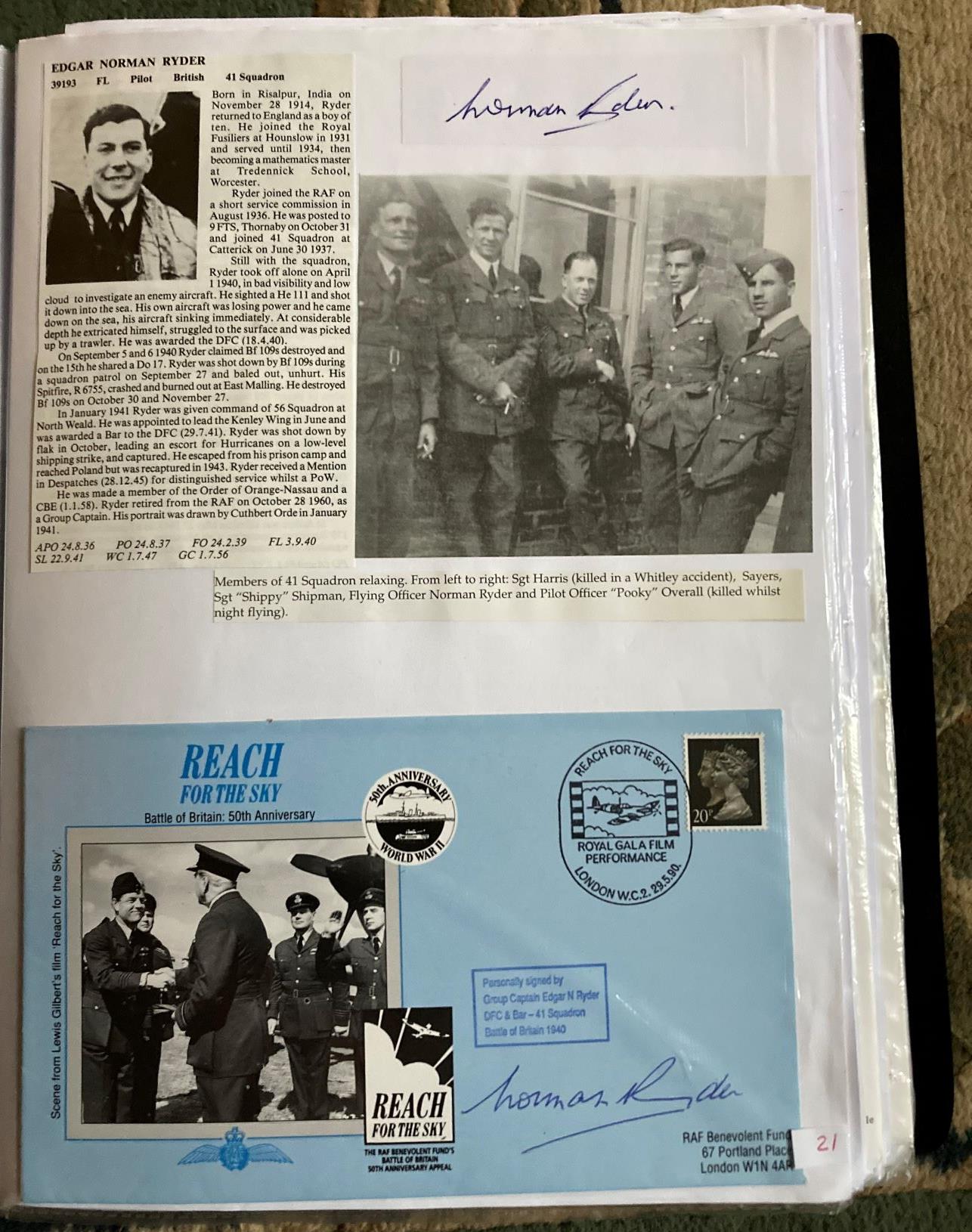 WW2 BOB fighter pilot Edgar Norman Ryder 41 Sqn signed Reach for the Sky cover and signature piece