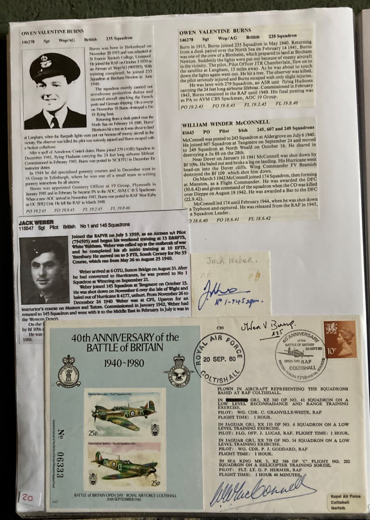 WW2 BOB fighter pilots Owen Burns 235 Sqn, William McConnell 245 sqn signed 40th ann BOB cover