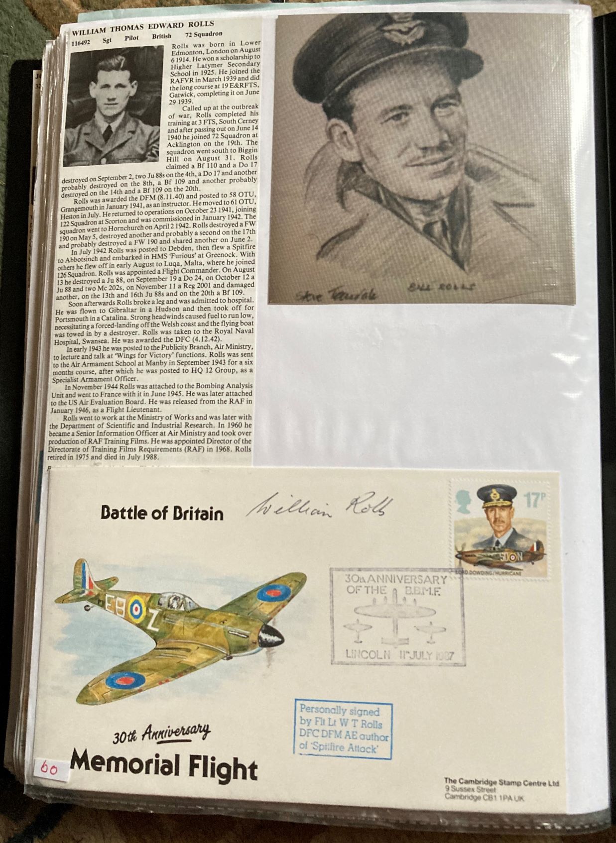 WW2 BOB fighter pilot William Rolls 72 sqn signed 30th ann BBMF cover fixed with biography to A4