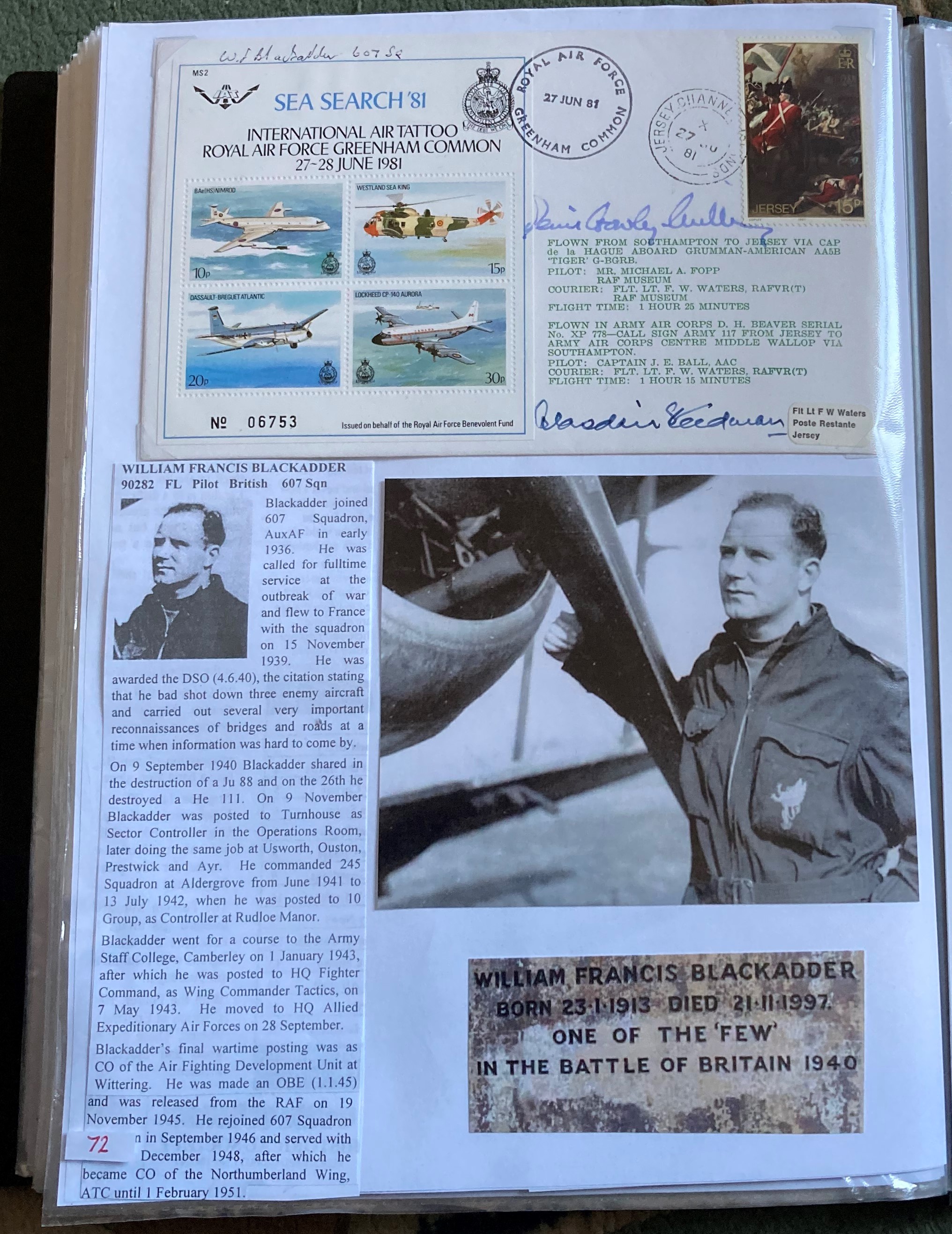 WW2 BOB fighter pilots William Blackadder 607 Sqn, Denis Crowley Milling signed RAF Greenham