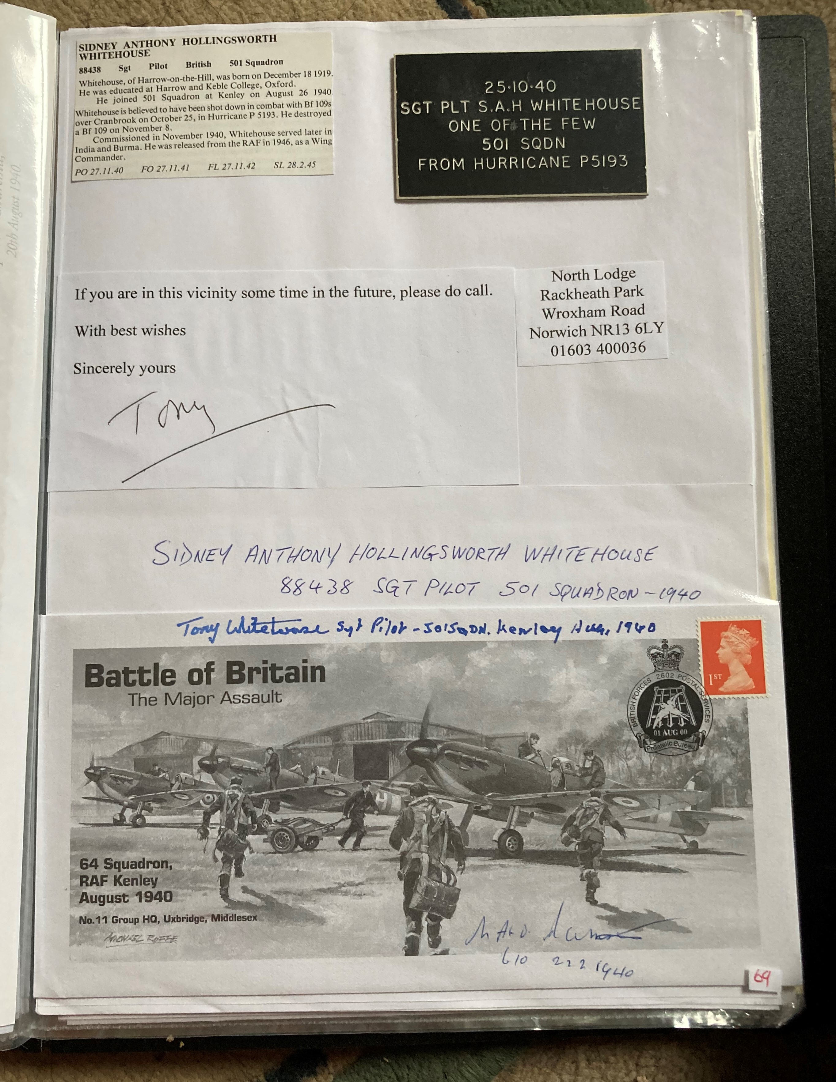 WW2 BOB fighter pilot Sidney Whitehouse 501 sqn signed BOB cover with biography info fixed to A4