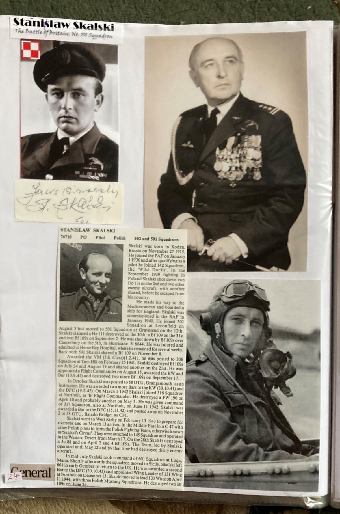 WW2 BOB fighter pilot Stanislaw Skalski 302 sqn signed piece fixed with biography and photos to