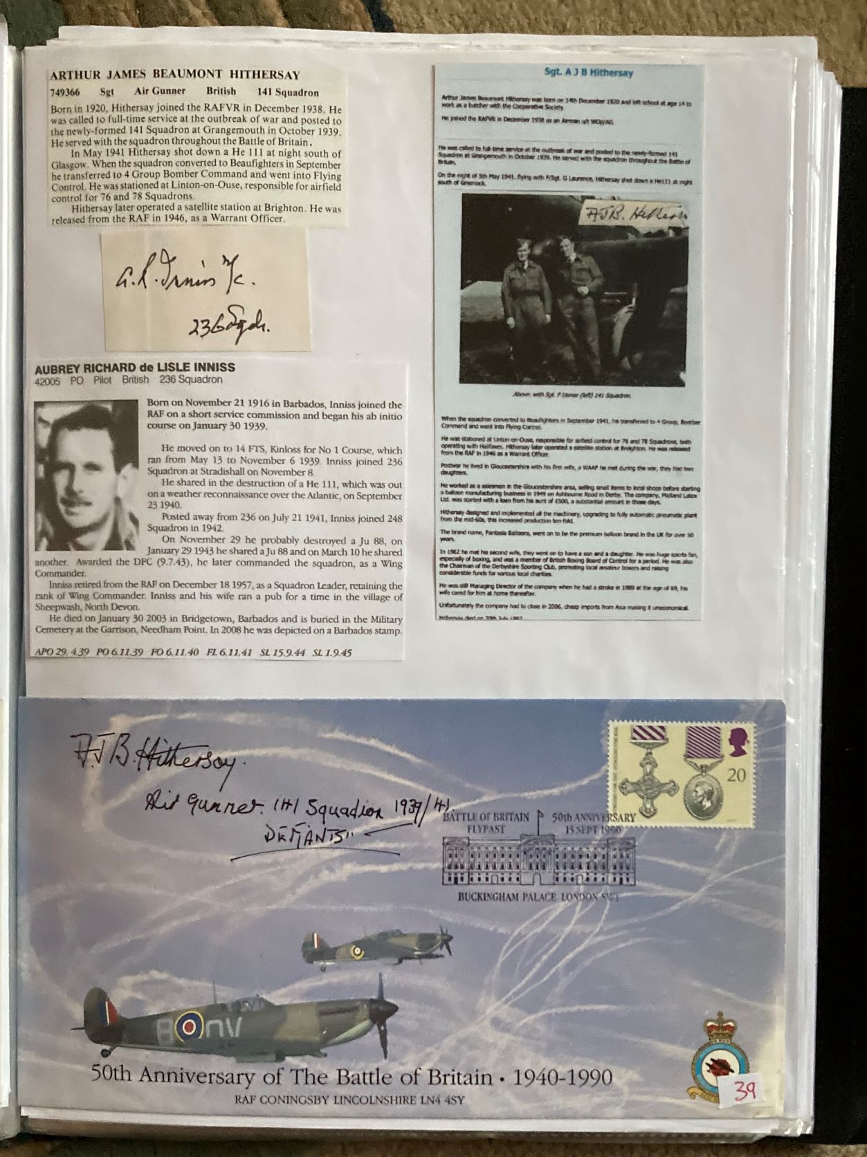 WW2 BOB fighter pilots Arthur Hithersay signed 50th ann BOB cover with Aubrey De Lislle Inniss