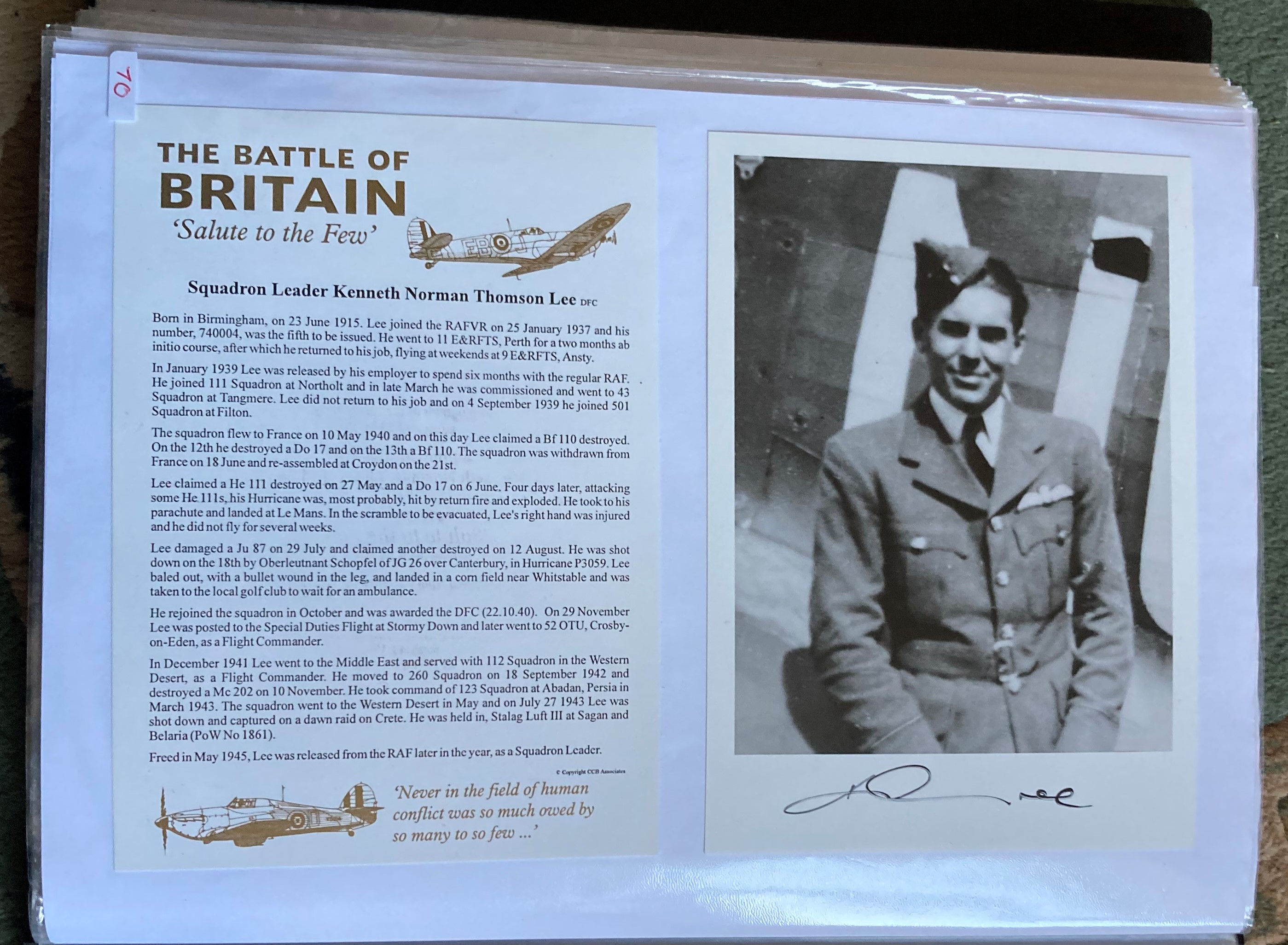 WW2 BOB fighter pilot Sqn Ldr Kenneth Lee DFC 111 Sqn signed 6 x 4 b/w photo with biography card