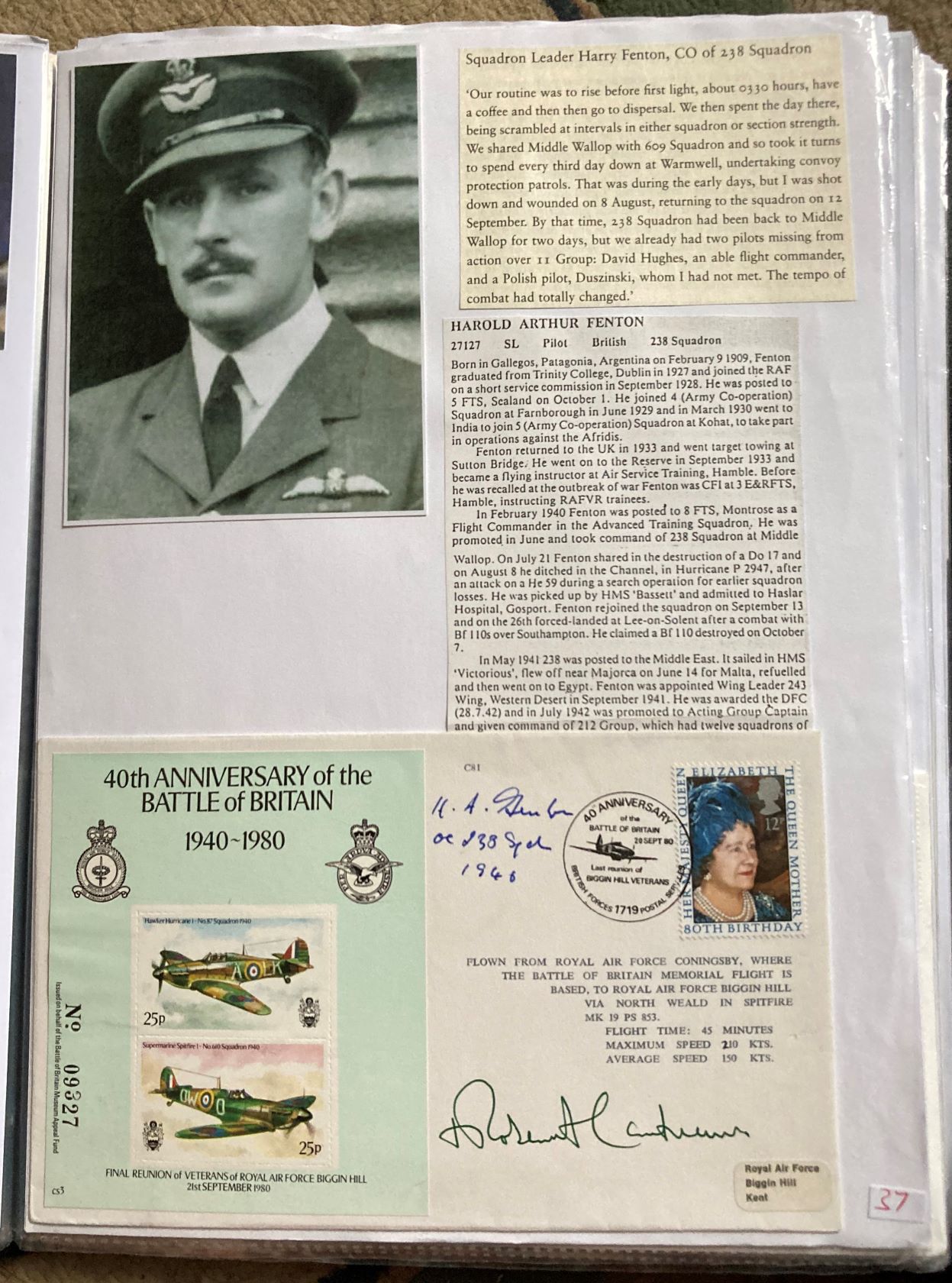 WW2 BOB fighter pilot Harry Fenton 238 sqn plus Robert Runcie MC signed 40th ann BOB cover fixed