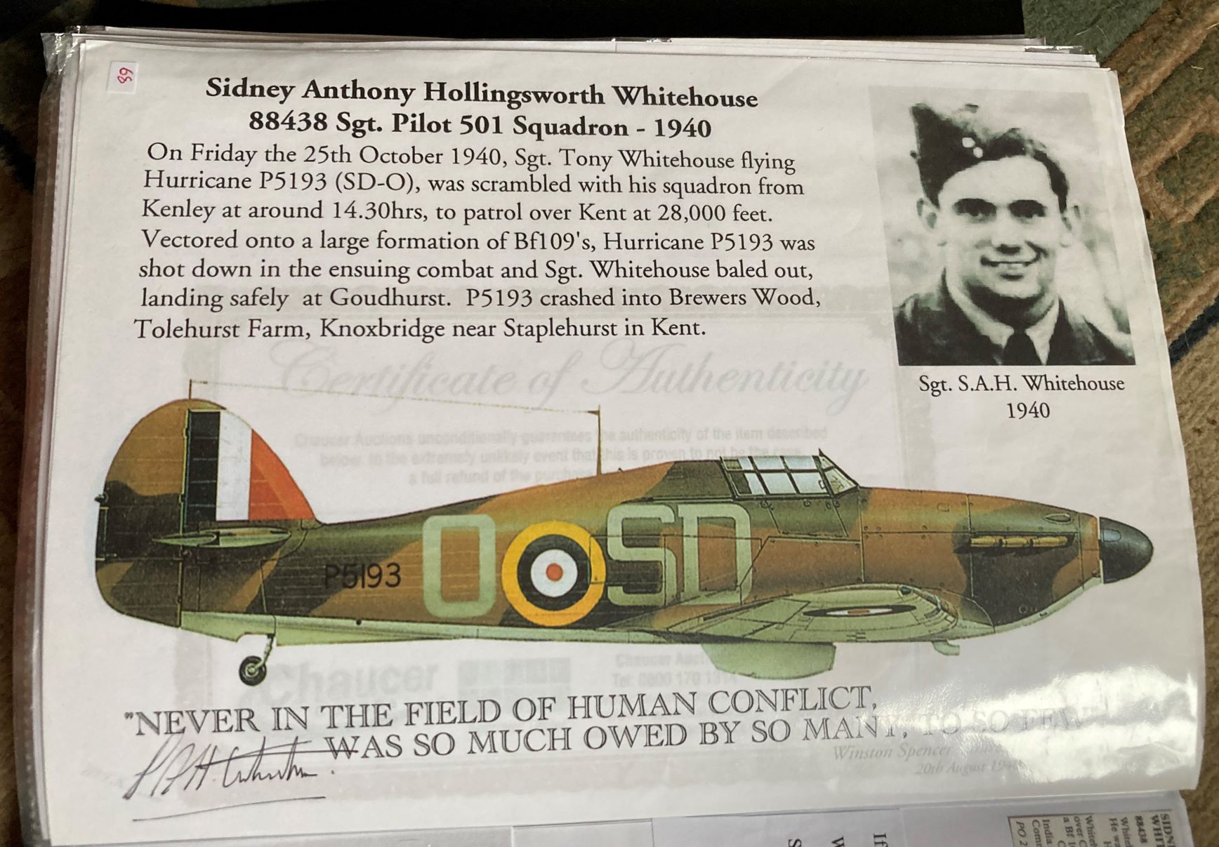WW2 BOB fighter pilot Sidney Whitehouse 501 sqn signed Hurricane paper print with biography info.