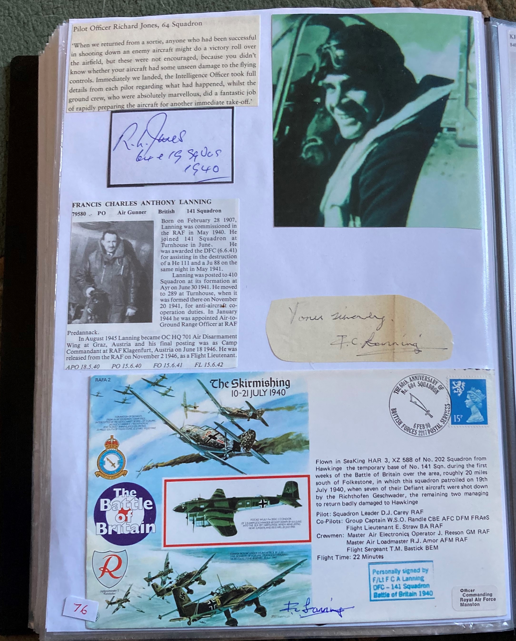 WW2 BOB fighter pilots Richard Jones 64 Sqn signature piece plus 50th Ann BOB cover signed by Flt Lt