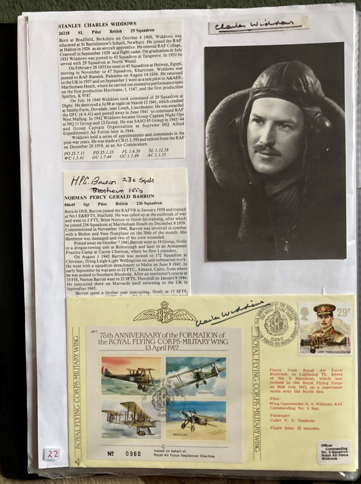 WW2 BOB fighter pilots Stanley Widdows 29 sqn signed RFC cover and Norman Barron 236 sqn fixed