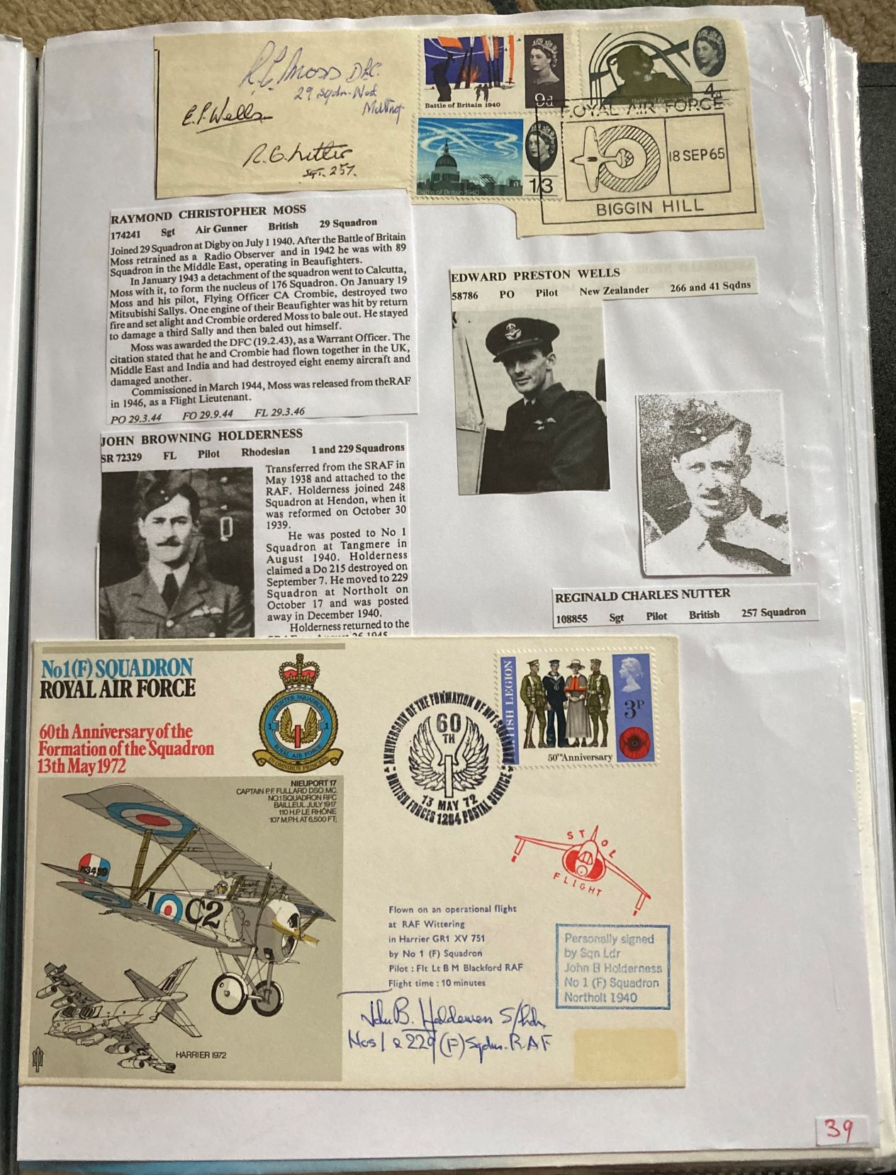 WW2 BOB fighter pilots Raymond Moss 29 sqn, Edward Wells 266 sqn, Reginald Nutter 257 sqn signed