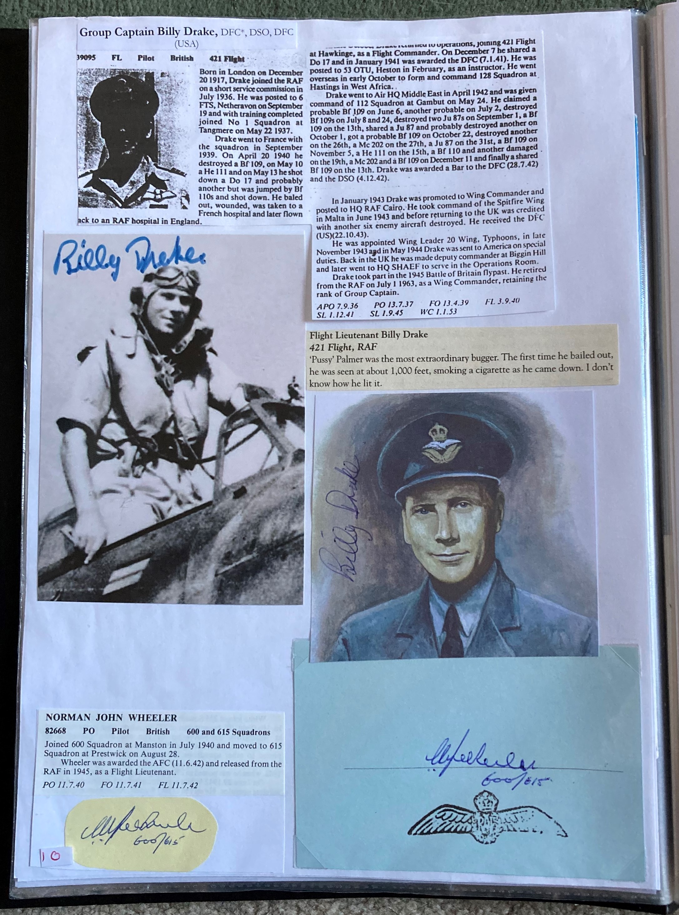 WW2 BOB fighter pilots Billy Drake 421 Sqn signed 6 x 4 photo and smaller colour one signed and