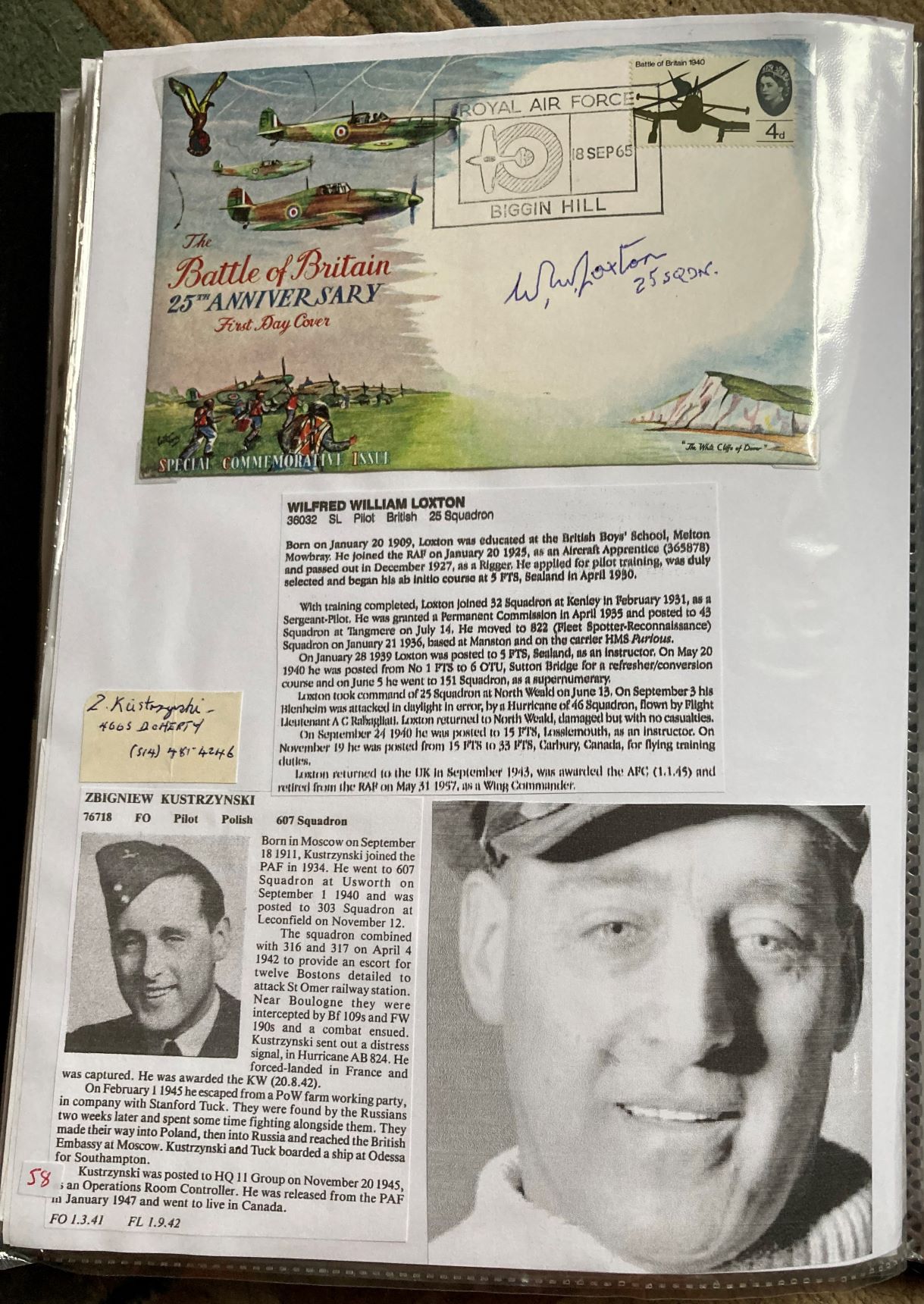 WW2 BOB fighter pilots Zbigniew Kustrzynski 607 sqn signature and BOB FDC signed Wilfred Loxton 25