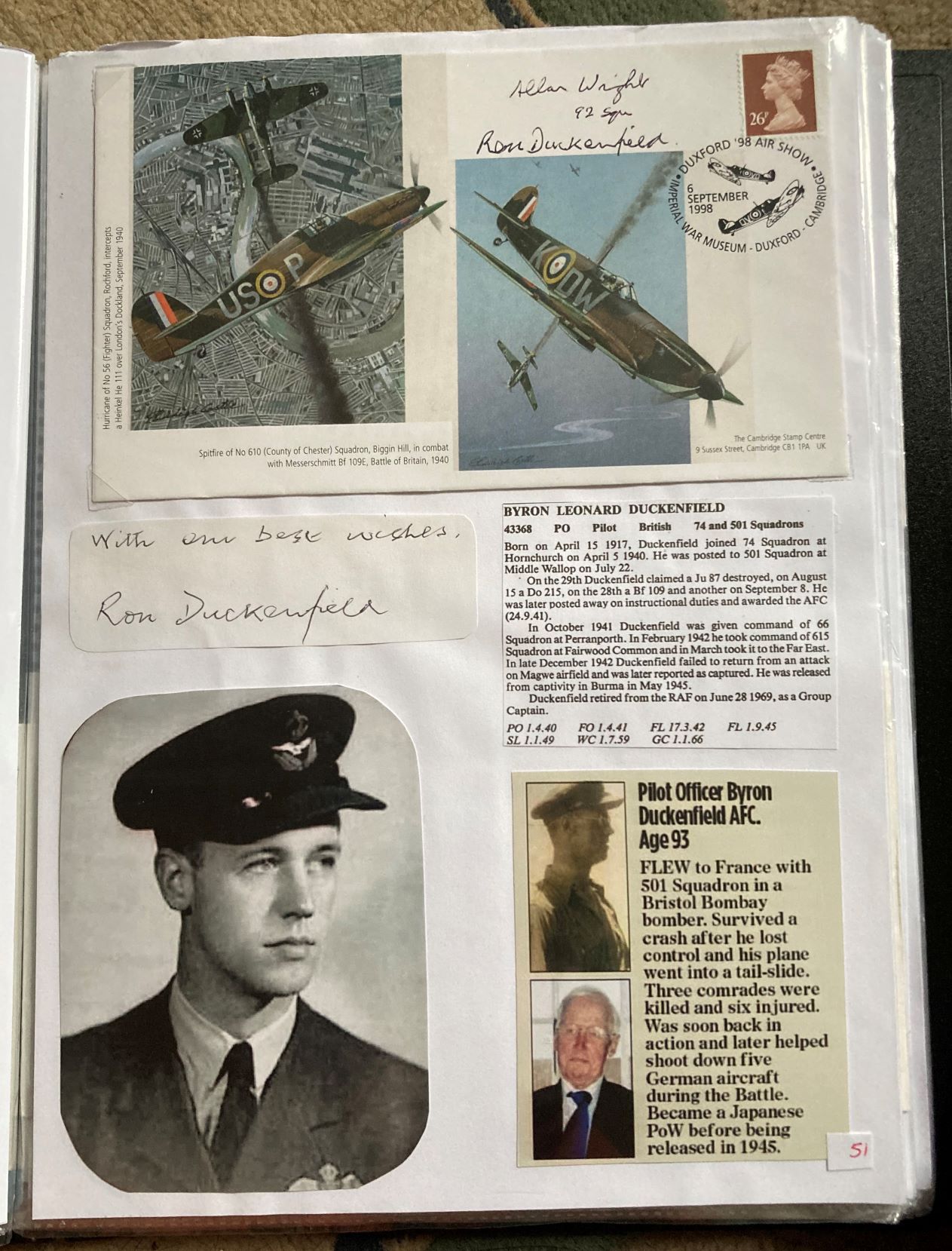 WW2 BOB fighter pilot Byron Duckenfield 74 sqn signed BOB cover and signature fixed with biography