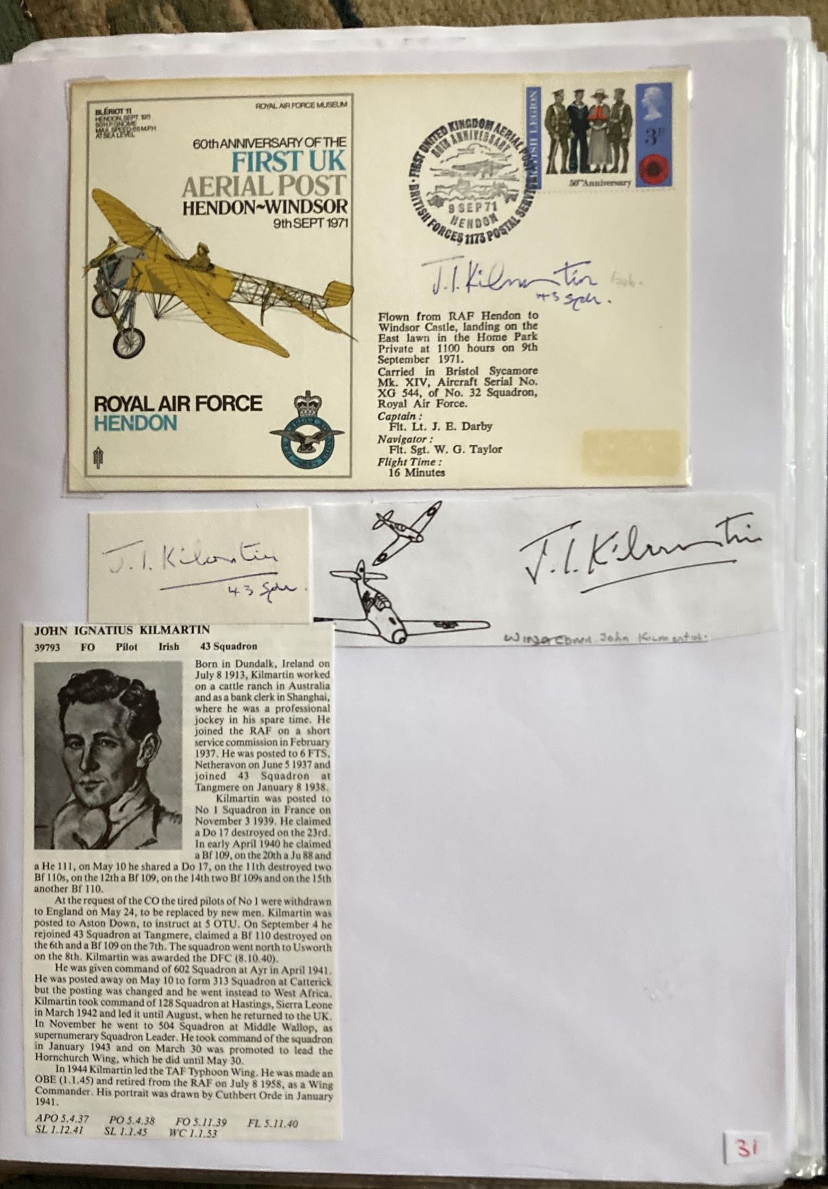 WW2 BOB fighter pilot John Kilmartin 43 sqn signed RAF Hendon cover and signature piece fixed with