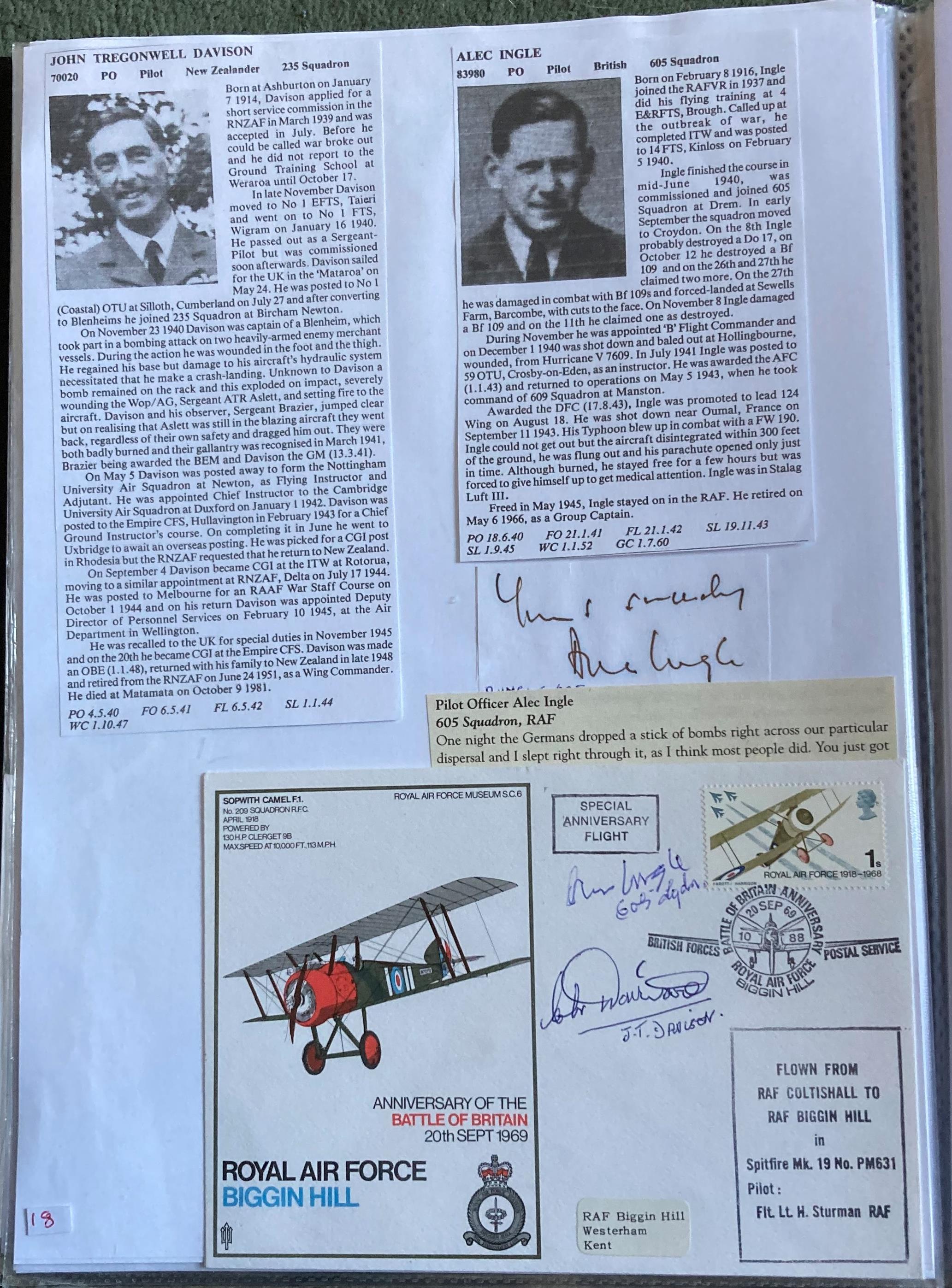 WW2 BOB fighter pilots John Davison 235 Sqn and Alec Ingle signed RAF Biggin Hill cover and Ingle