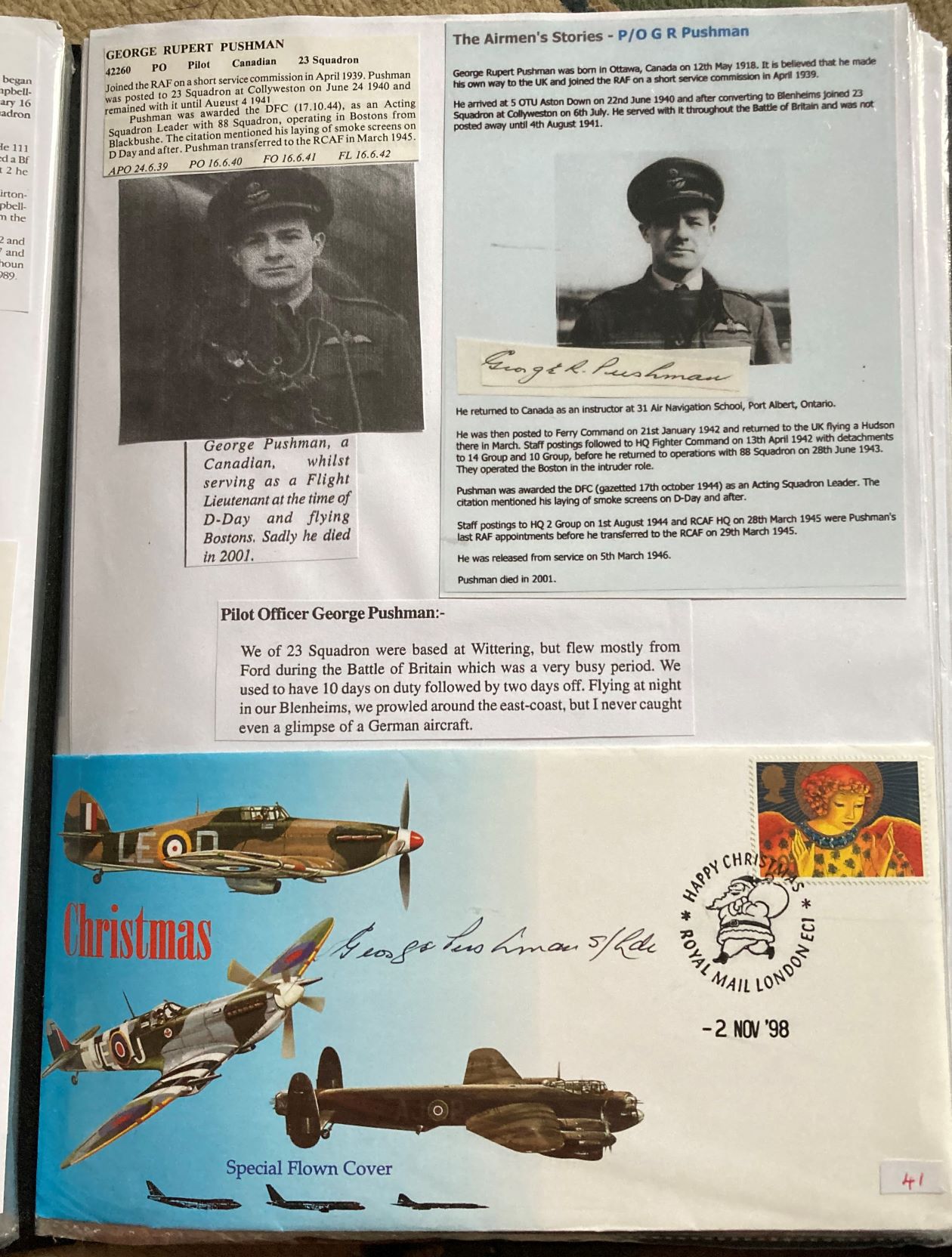 WW2 BOB fighter pilot George Pushman 23 sqn signed Christmas Flight cover fixed with biography to A4