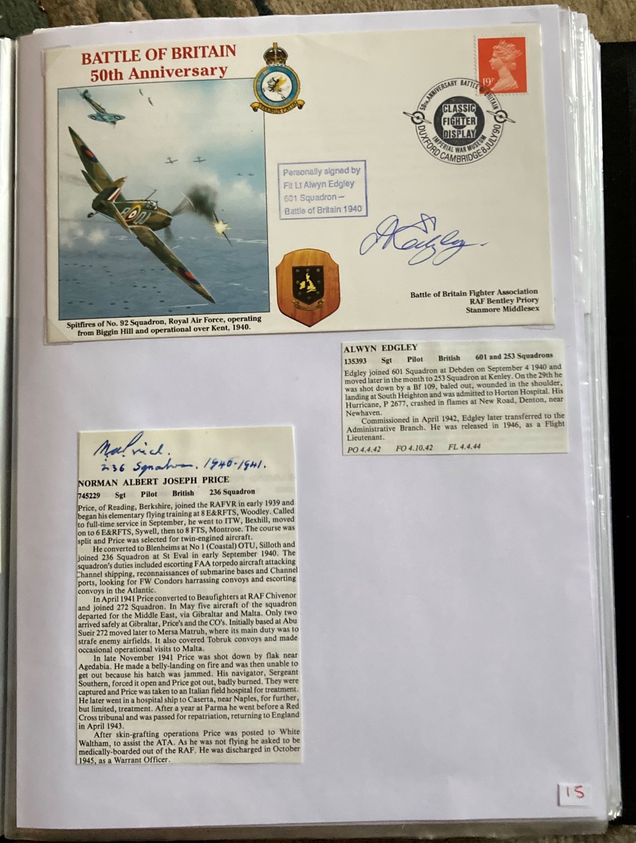 WW2 BOB fighter pilots Alwyn Edgley 601 sqn signed 50th ann BOB cover plus Norman Price 236 sqn