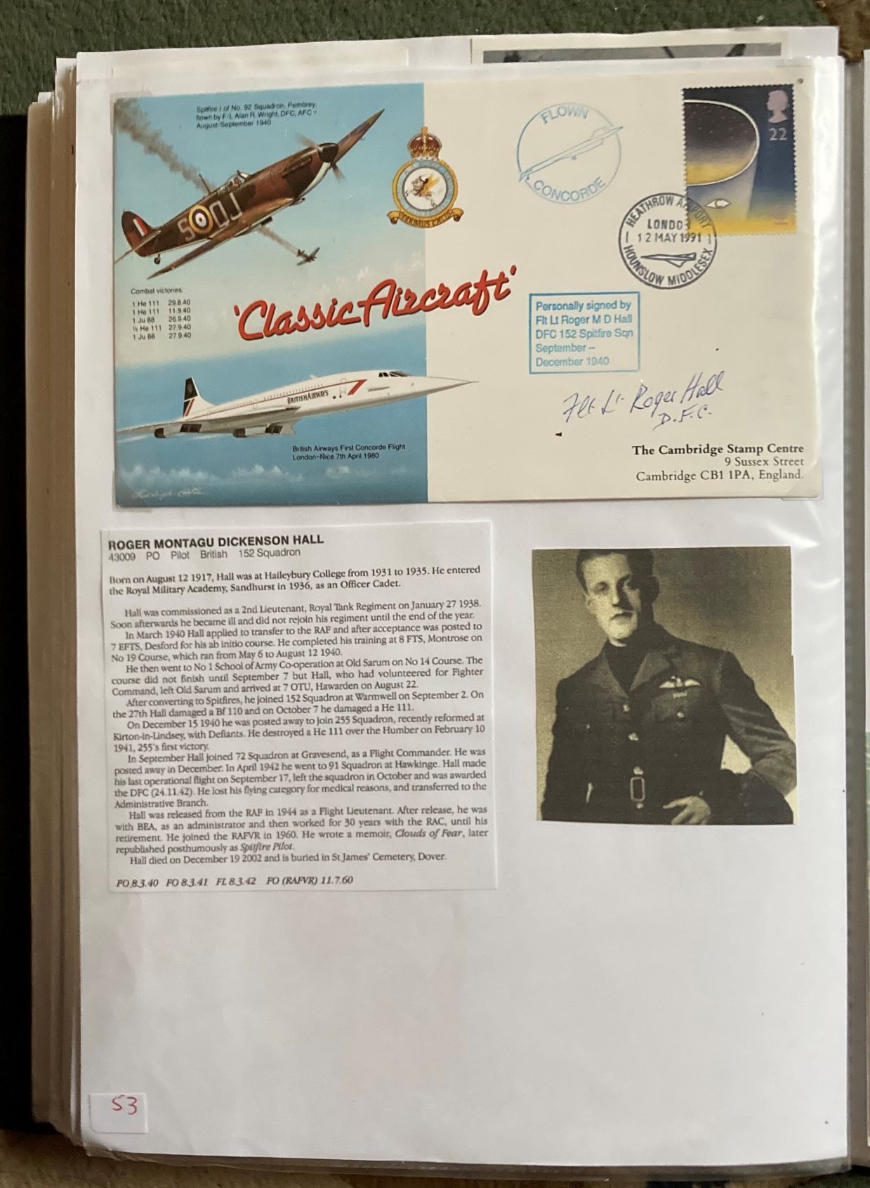WW2 BOB fighter pilot Roger Hall 152 Sqn signed Classic Aircraft cover fixed with biography to A4