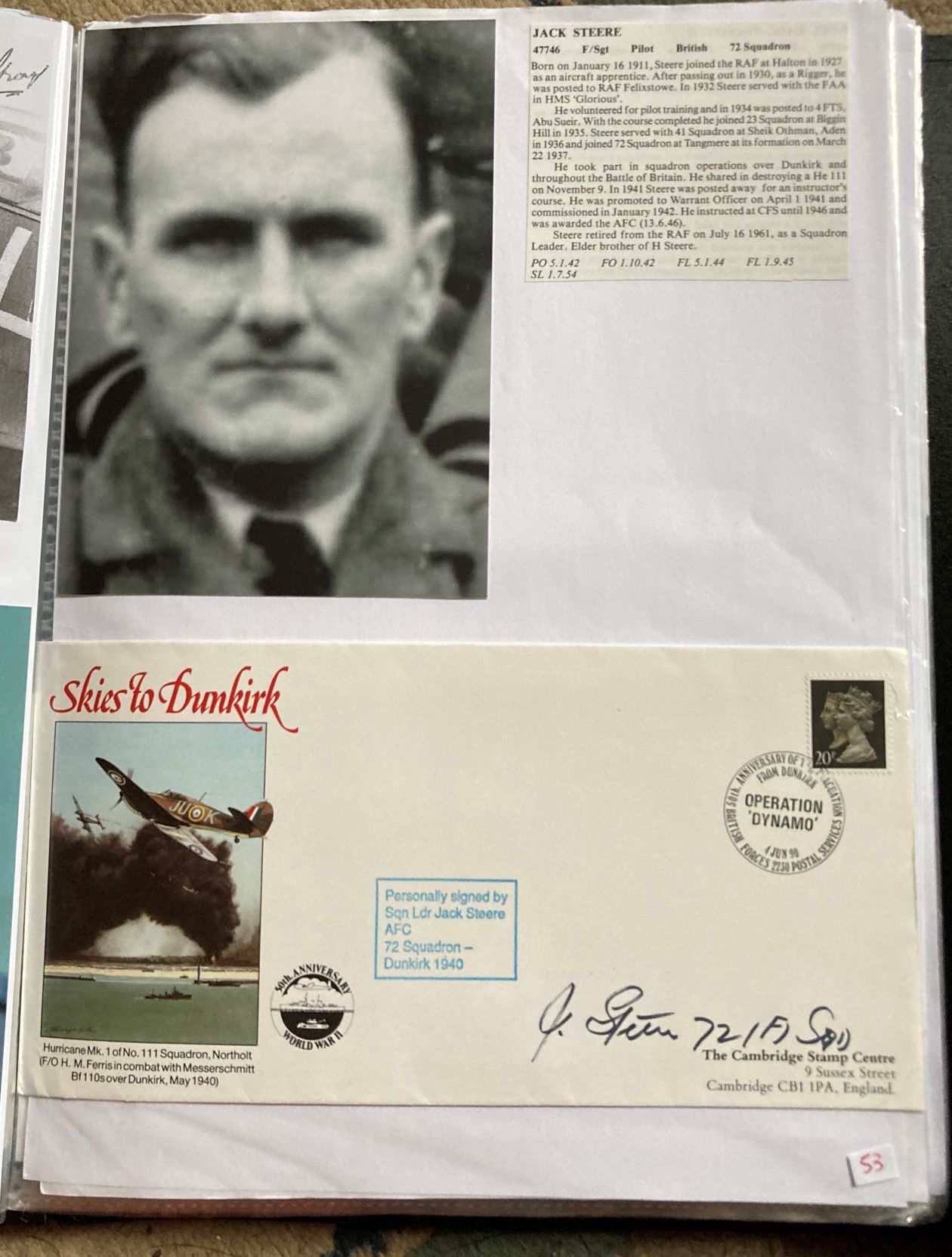 WW2 BOB fighter pilots Jack Steere 72 sqn fixed with biography to A4 page. WW2 RAF Battle of Britain