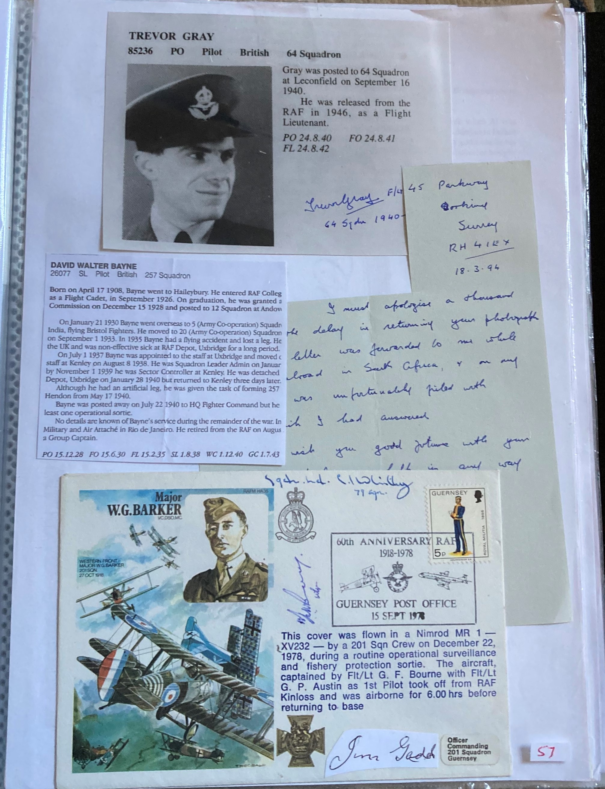 WW2 BOB fighter pilots James Gadd, David Bayne signed Mjr Barker VC cover and signed letter and