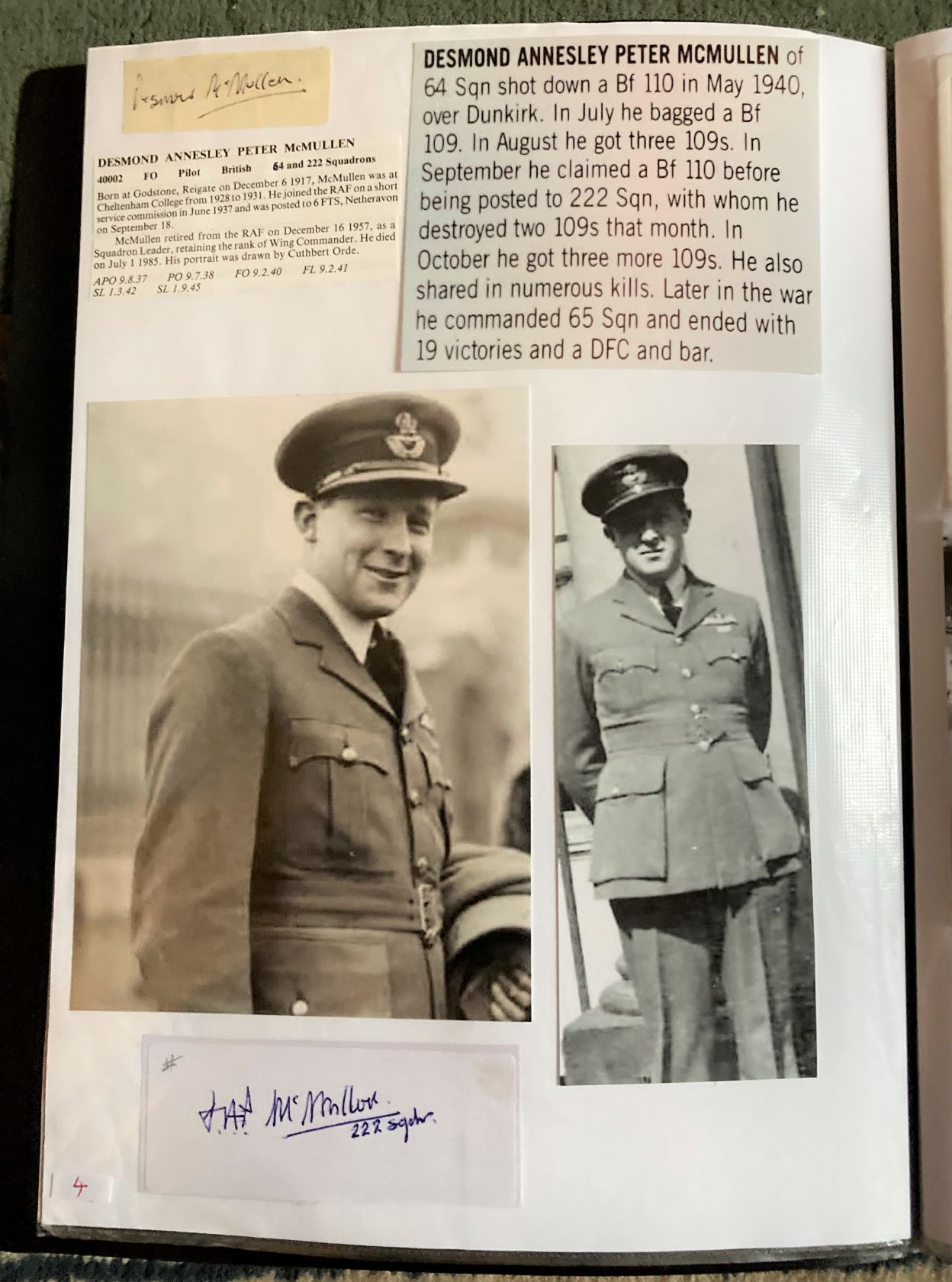 WW2 BOB fighter pilot Desmond McMullen 64 sqn signature piece fixed with biography to A4 page. WW2