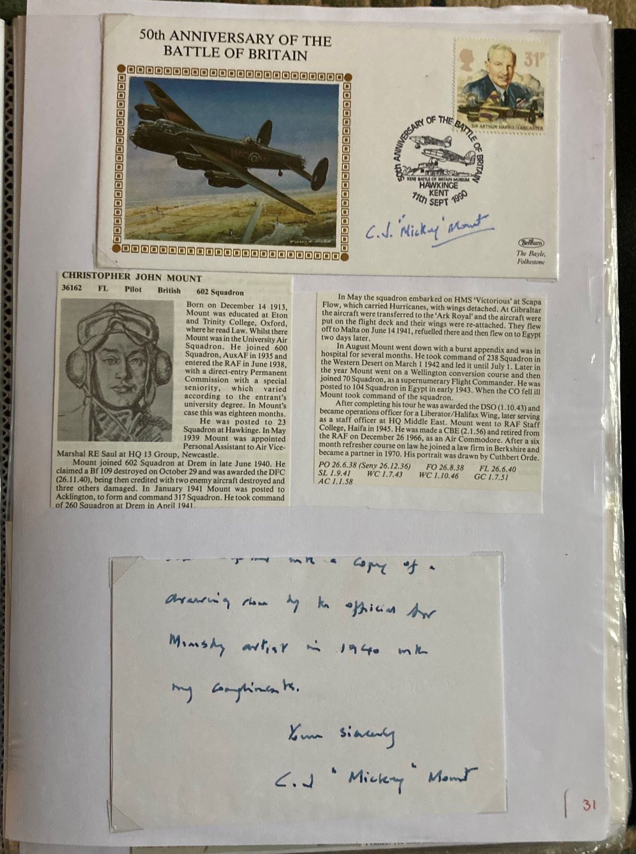 WW2 BOB fighter pilot Christopher Mount 602 Sqn signed 50th ann BOB cover and handwritten letter