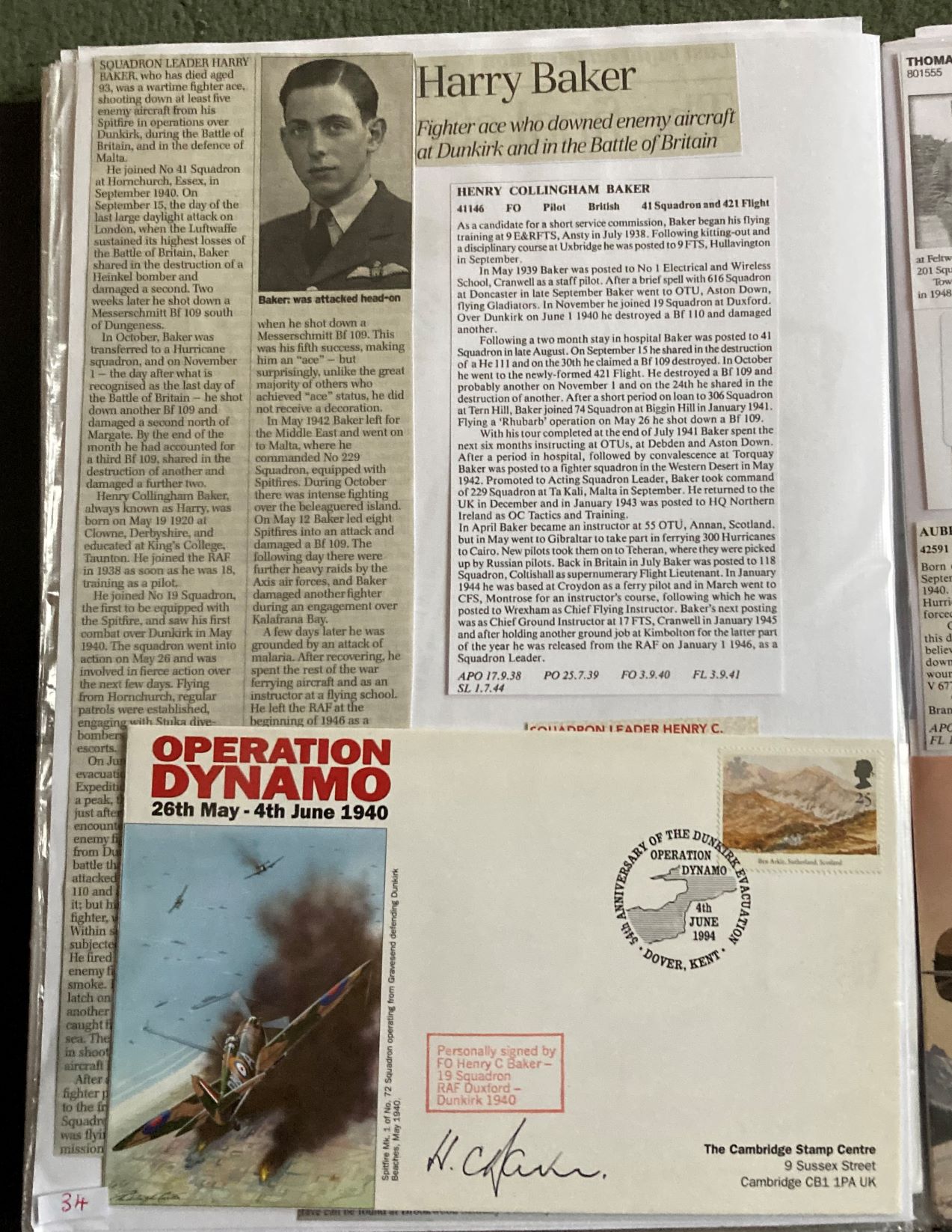 WW2 BOB fighter pilot Harry Baker 41 Sqn signed Operation Dynamo cover fixed with biography to A4