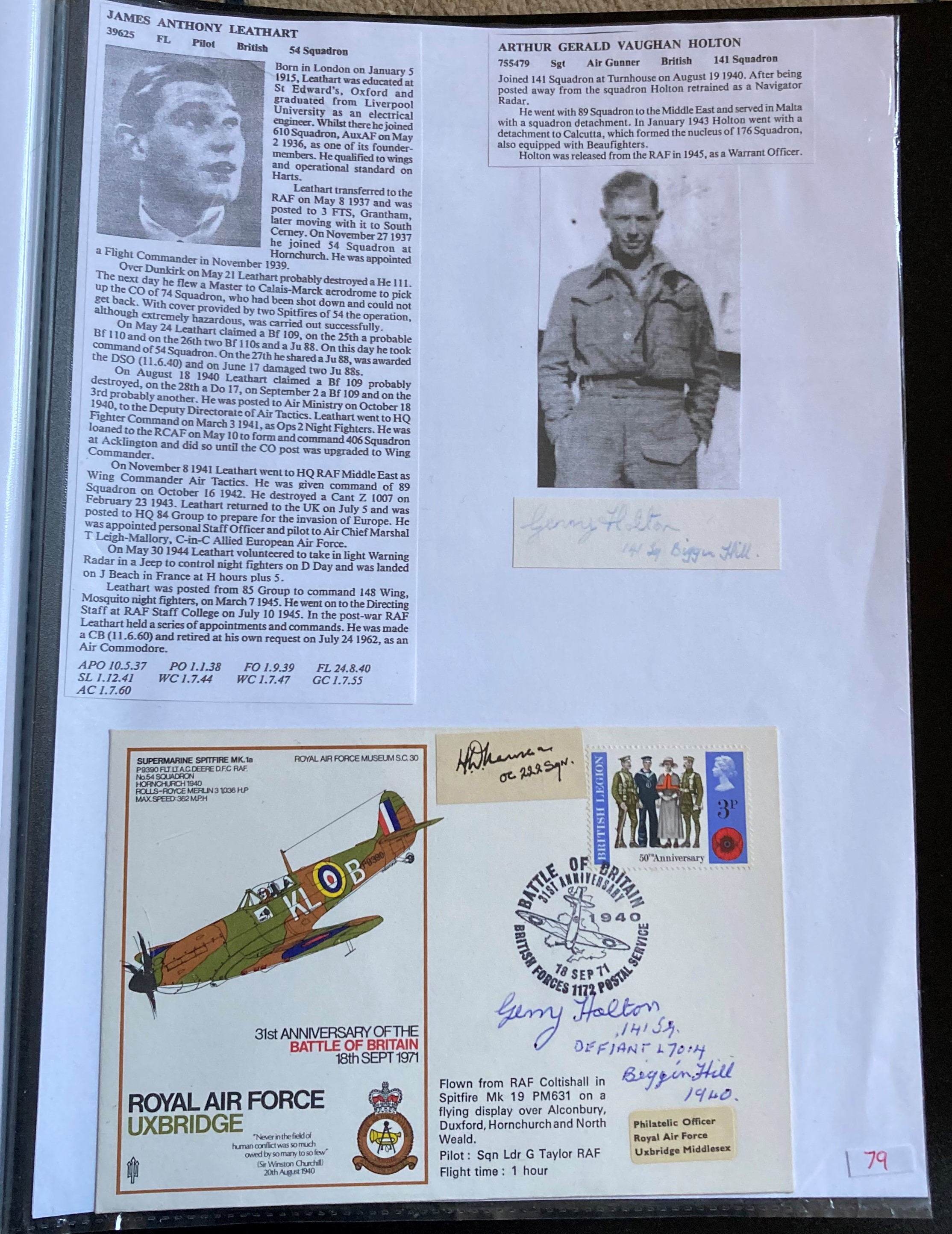 WW2 BOB fighter pilots Arthur Gerald Holton 141 Sqn signed RAF Uxbridge Spitfire cover fixed with