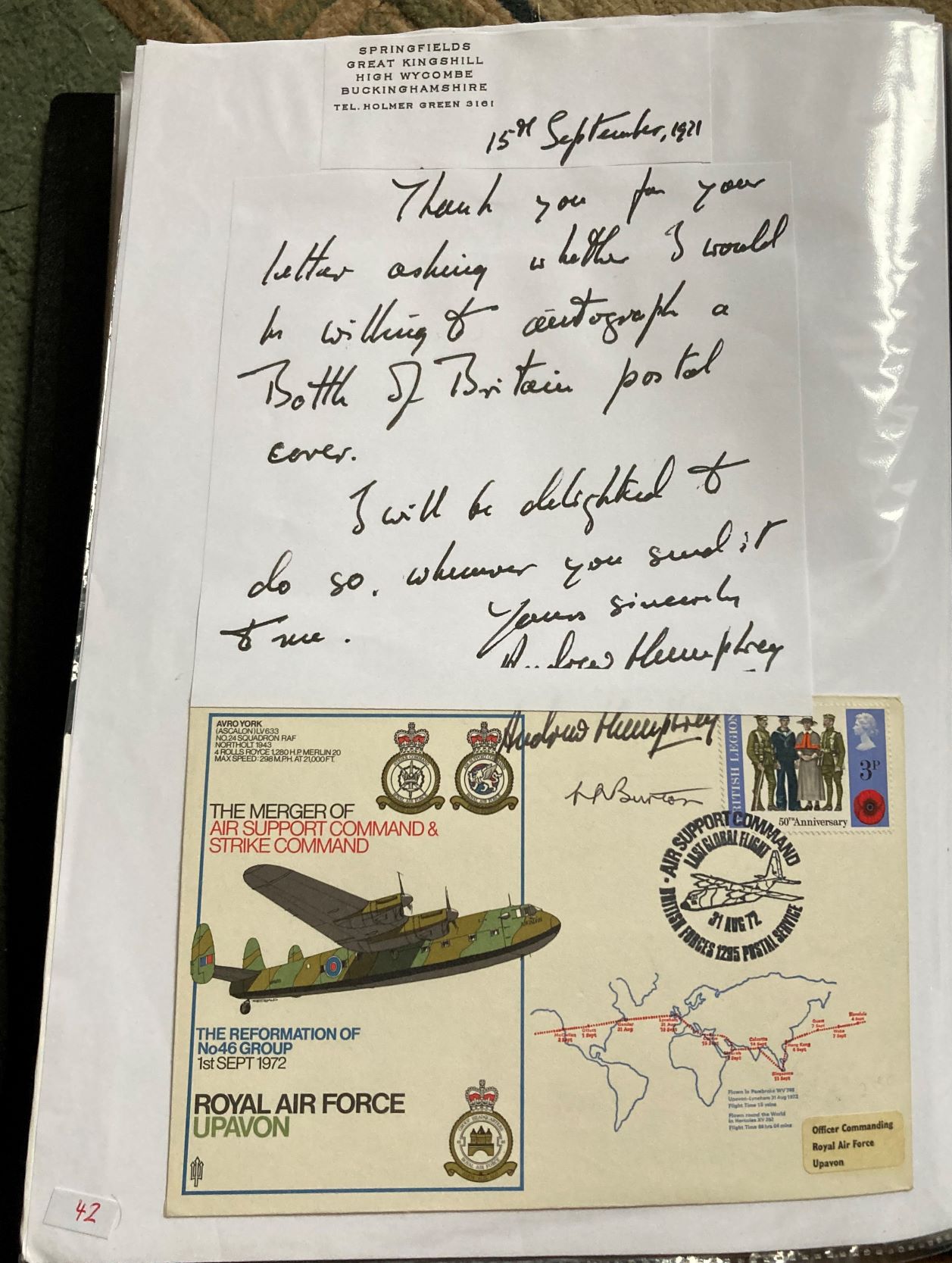 WW2 BOB fighter pilot Andrew Humphrey 266 sqn signed letter plus RAF Upavon cover signed by him