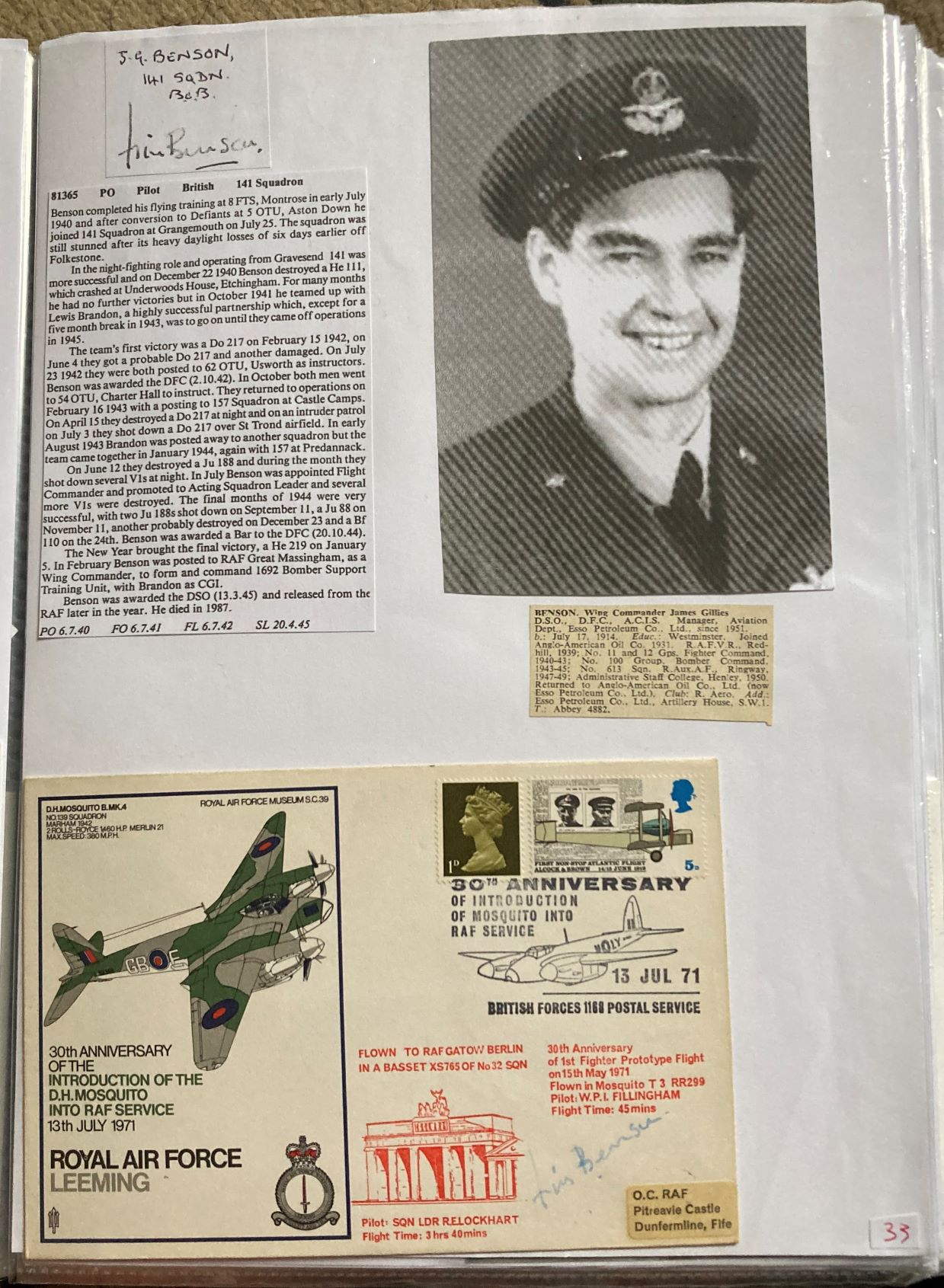 WW2 BOB fighter pilot James Benson 141 sqn signed Mosquito cover and signature with biography to