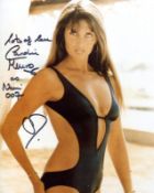 007 Bond girl Caroline Munro signed black swimsuit sexy portrait photo 10 x 8 inch colour picture.