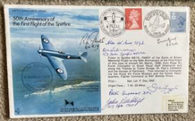 WW2 Seven Battle of Britain pilots signed 50th Ann Spitfire cover. Signed by R Jones 64 sqn, T