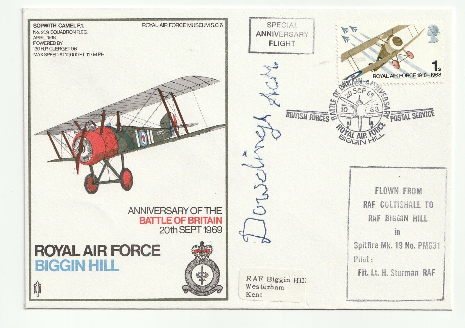 WW2 Rare Hugh Dowding signed RAF 1969 Biggin Hill Spitfire flown cover. Signature show signs of