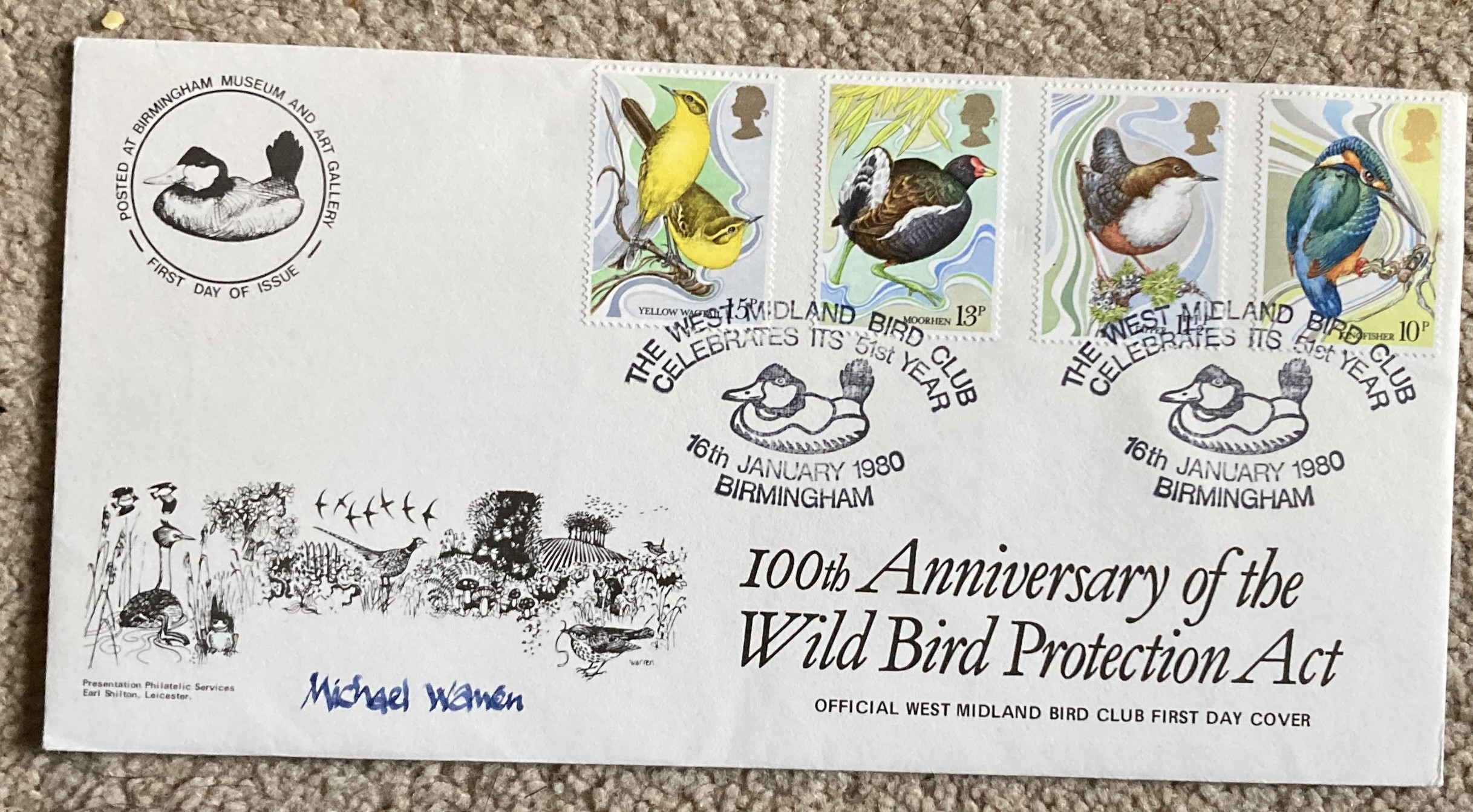 1980 Birds Wild Bird Protection official FDC signed Michael Wamen. All autographs come with a