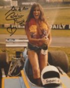 007 Bond girl, model and actress Caroline Munro signed motorsport champagne photo 10x 8 inch