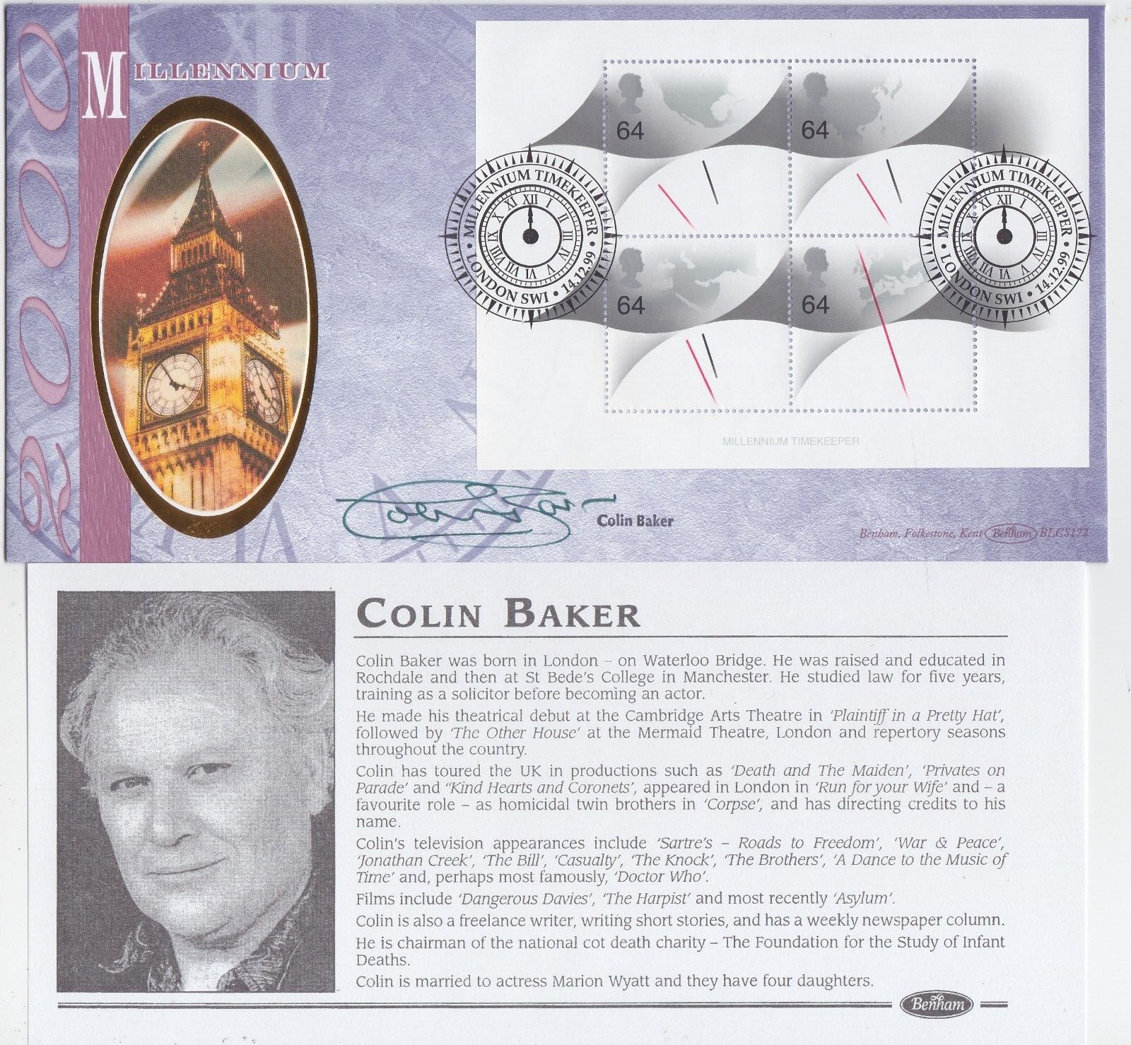 BENHAM 2000 MILLENIUM FIRST DAY COVER SIGNED BY COLIN BAKER DR. WHO. All autographs come with a