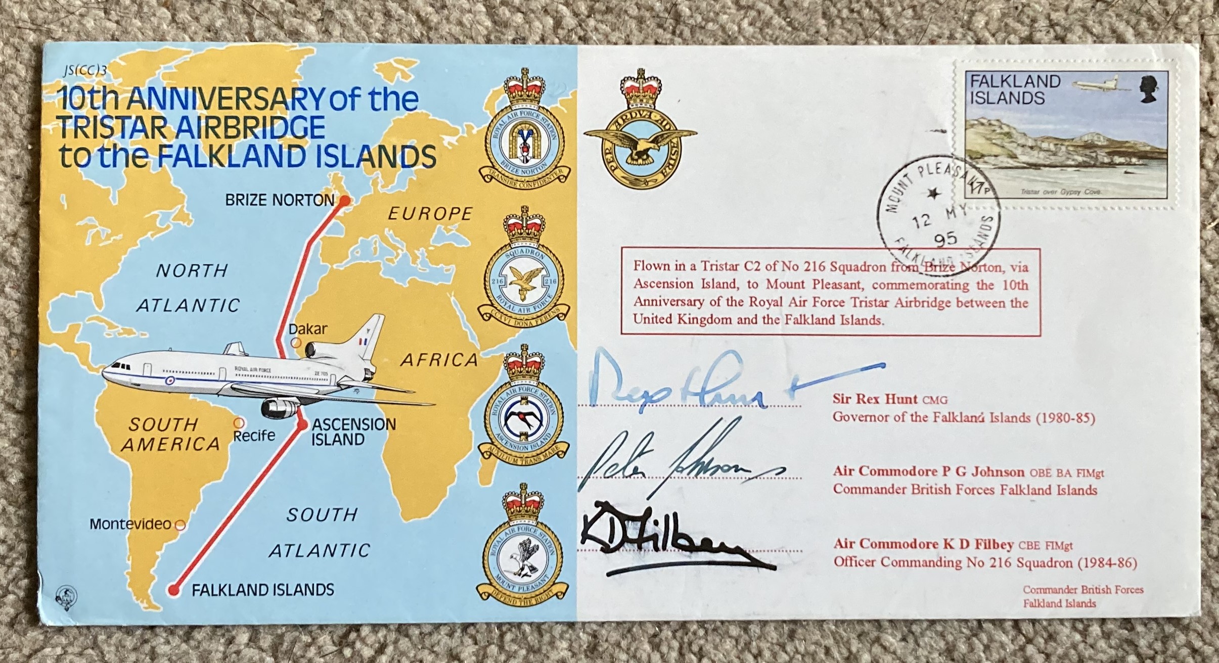 Falklands 10th ann Airbridge cover signed by Rex Hunt, Air Cdre Johnson and Filbey. All autographs