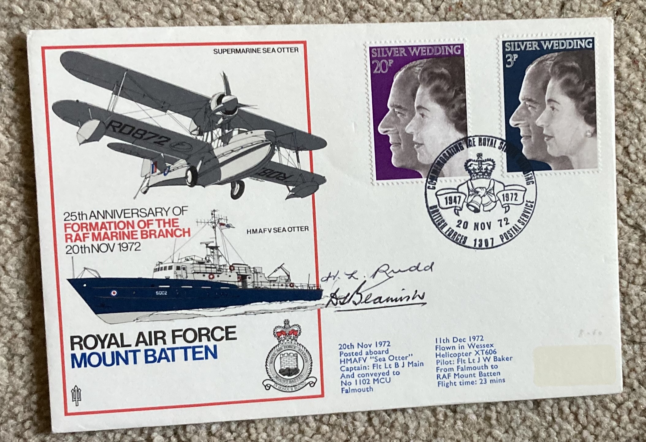 RAF Mountbatten Official 1972 Royal Wedding BFPS1387 FDC signed by two. Scarce cover Cat £40