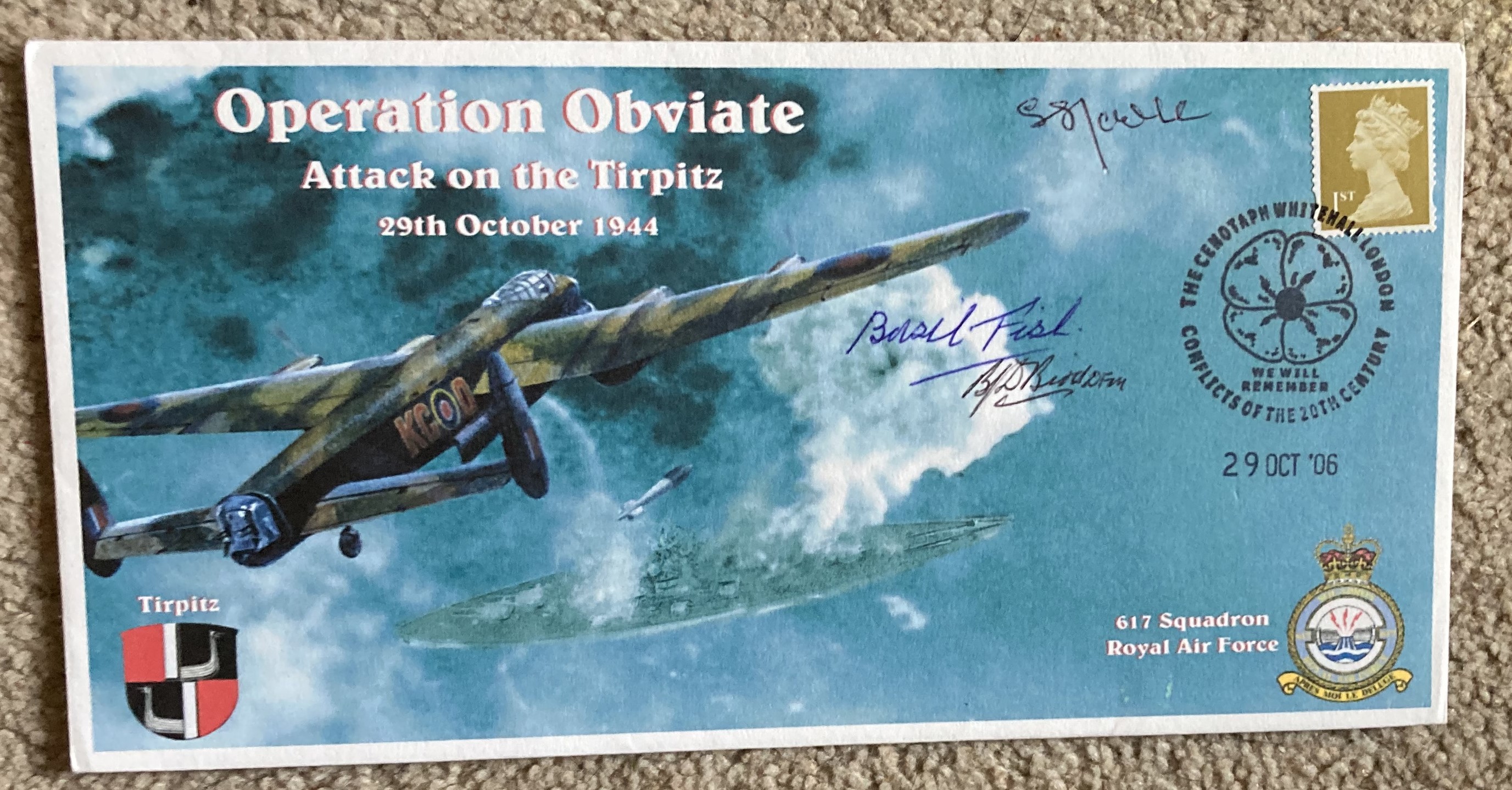 WW2 Operation Obviate Tirpitz raid cover signed by 617 sqn veterans Basil Fish, B Bird DFM and S