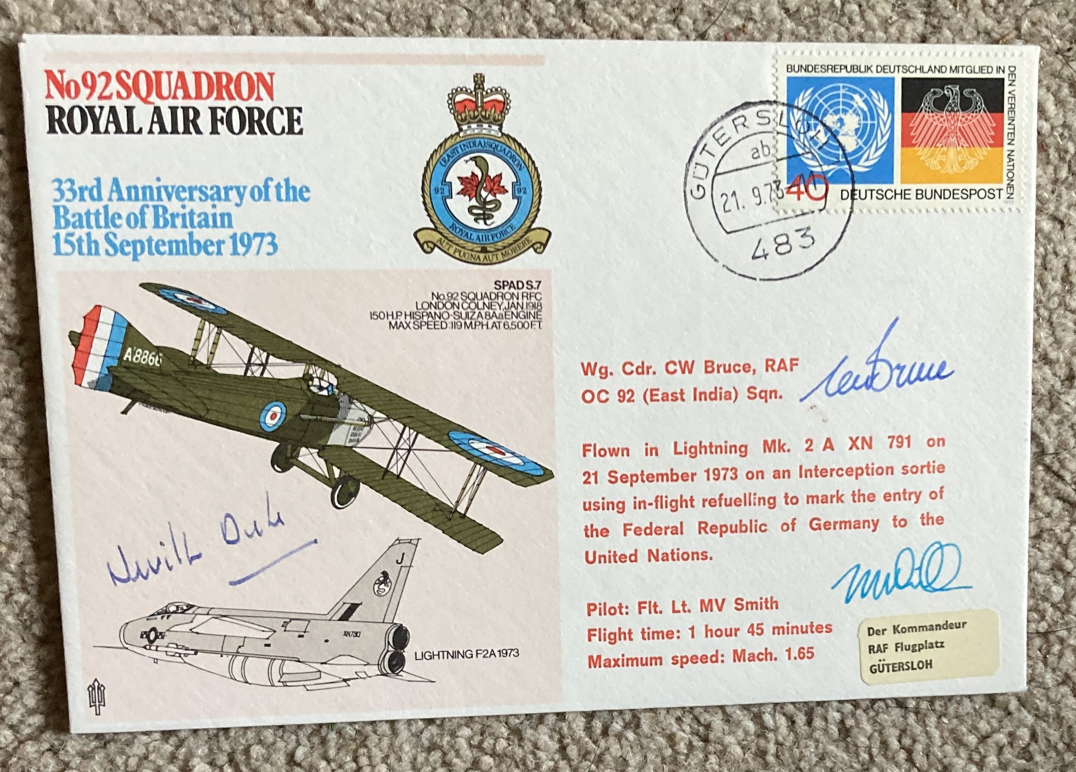 WW2 fighter ace Neville Duke DSO DFC AFC signed 92sqn 33rd ann BOB cover. All autographs come with a