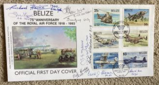 WW2 Nine BOB pilots signed 75th ann RAF Belize FDC. Includes Avis Hearn MM, Alan Gear 32 sqn, Bill