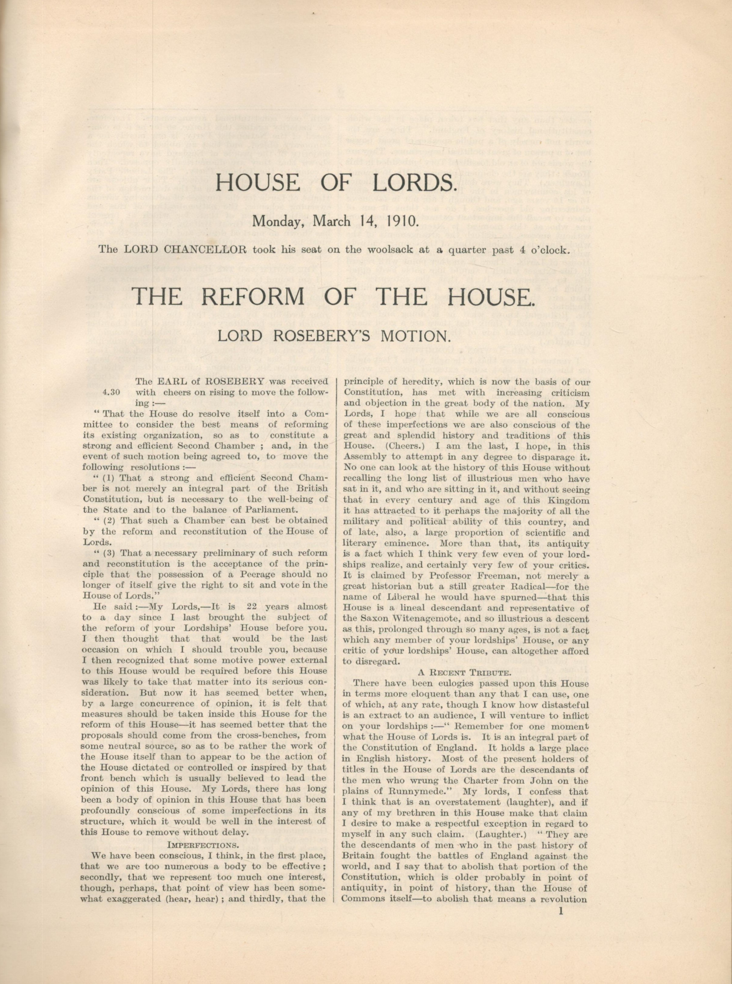 The Lords Debate on Lord Roseberry's Resolution. Reprinted from The Times, March 15th, 16t, 17th , - Image 2 of 2